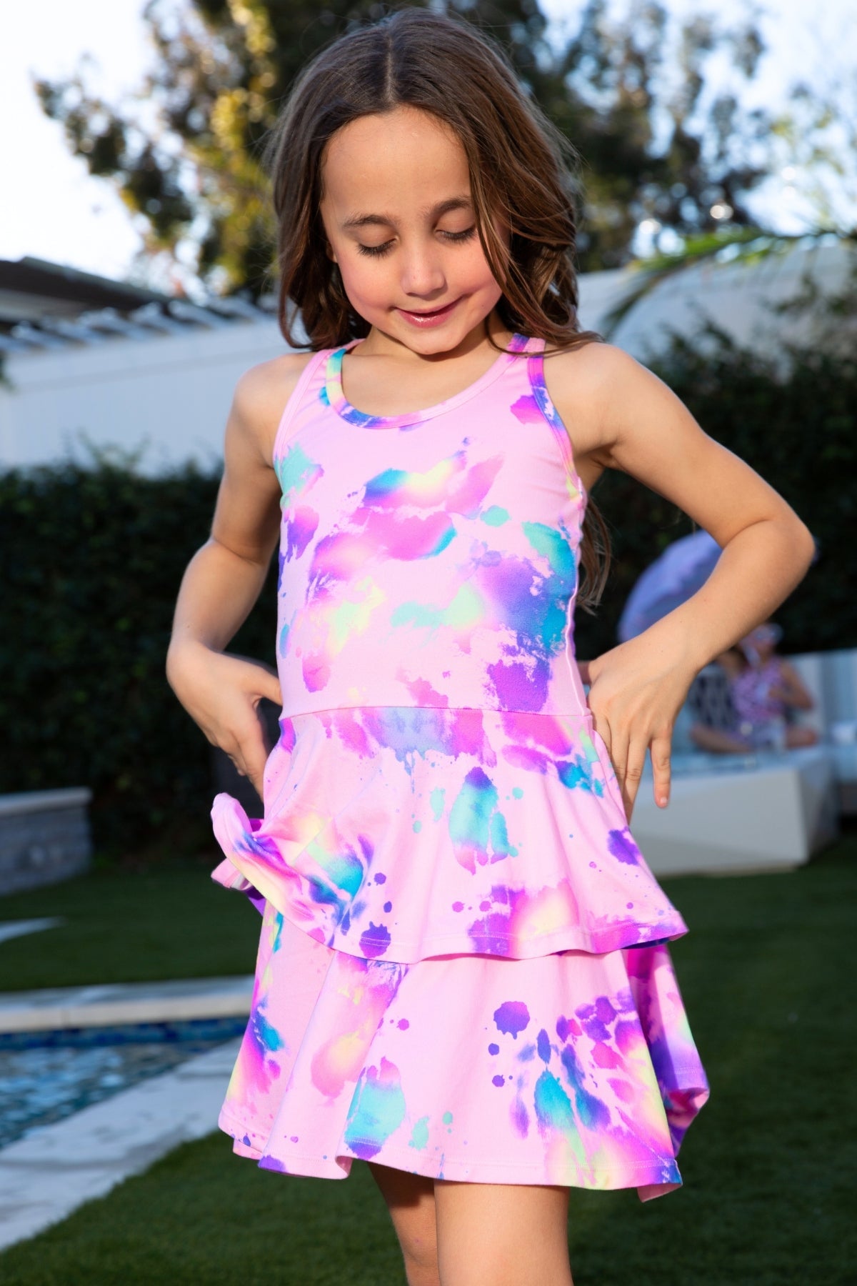 Simply Soft Racerback Ruffle Skirt Dress - Blue White Emojis Stickers