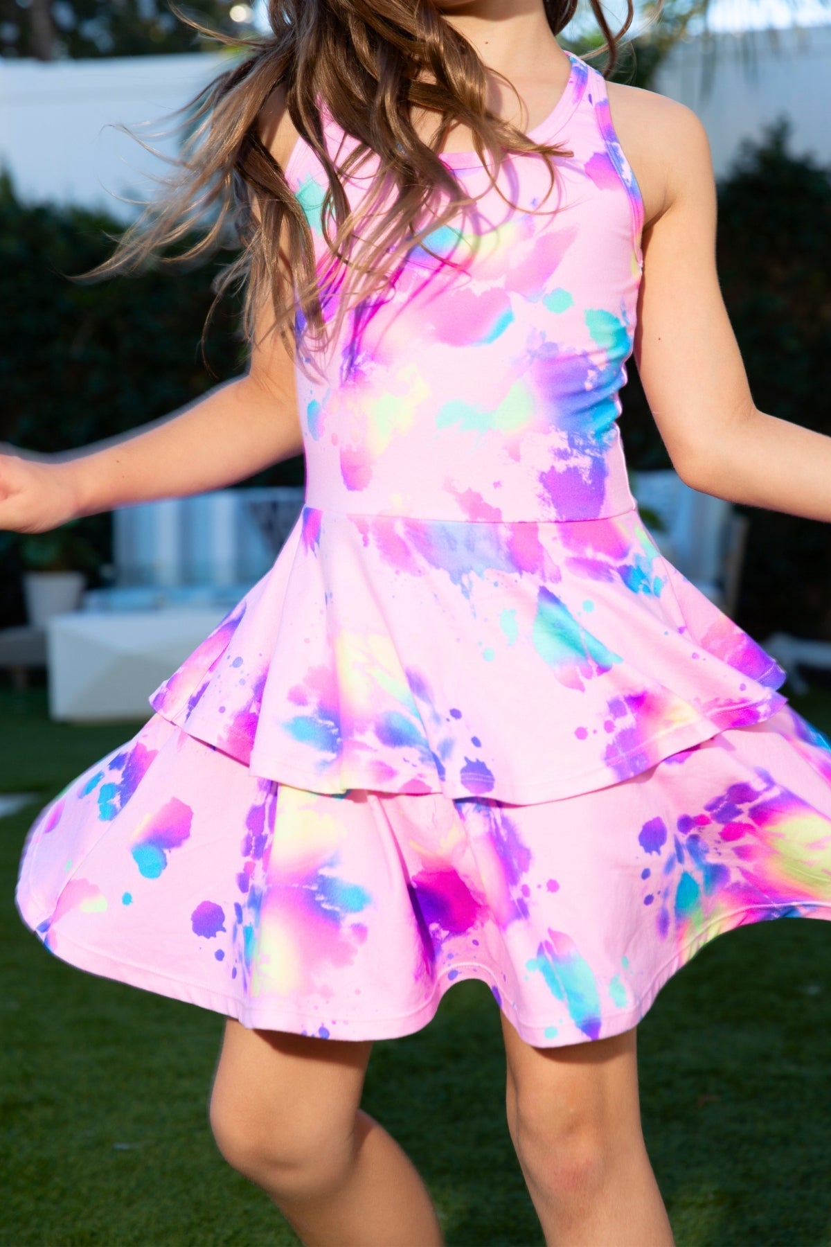 Simply Soft Racerback Ruffle Skirt Dress - Blue White Emojis Stickers