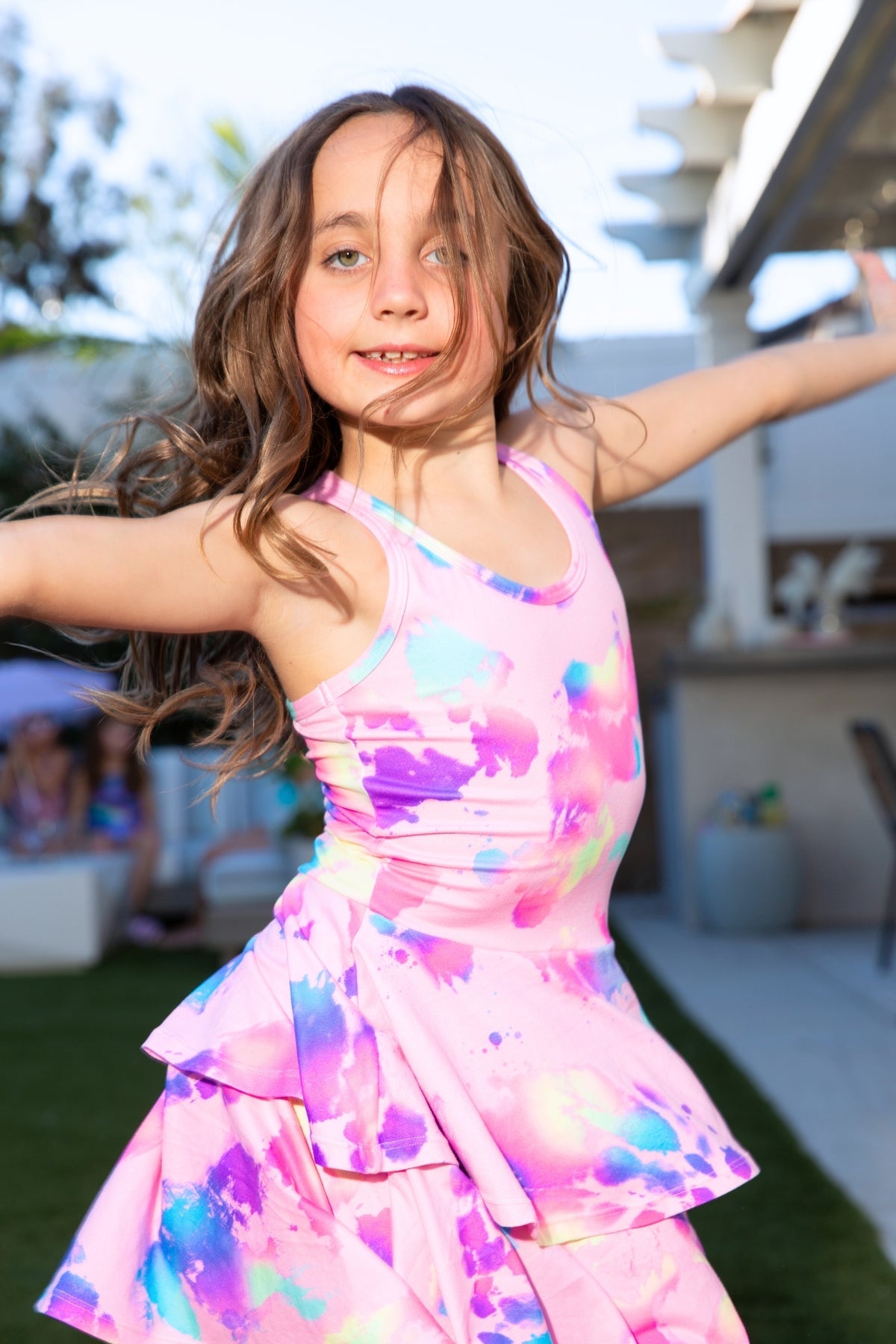 Simply Soft Racerback Ruffle Skirt Dress - Blue White Emojis Stickers