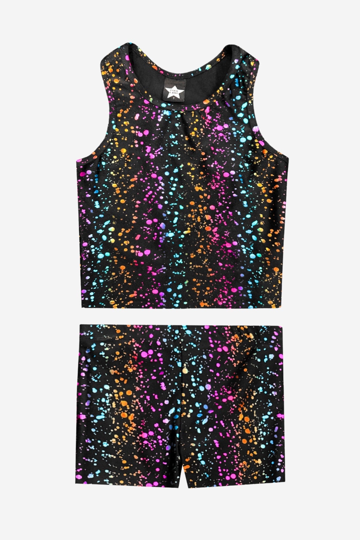 High Shine Cropped Racerback Tank & Tumble Short - Black Sparkle Rainbow Gummy Bear