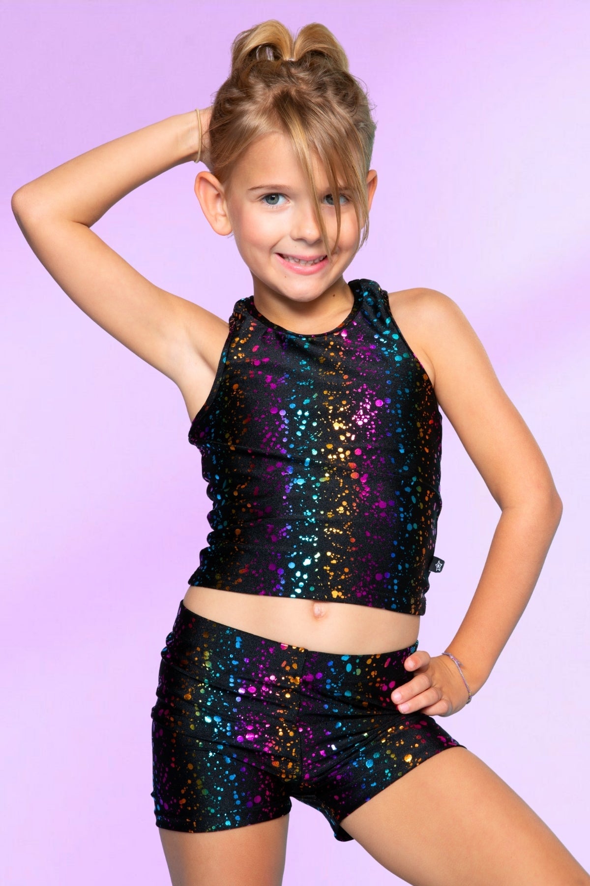 High Shine Cropped Racerback Tank & Tumble Short - Black Sparkle Rainbow Gummy Bear