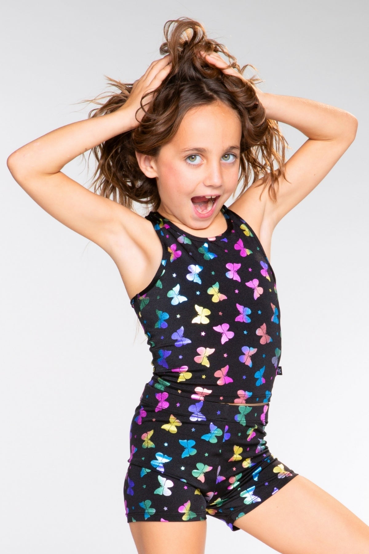 High Shine Cropped Racerback Tank & Tumble Short - Black Sparkle Rainbow Gummy Bear