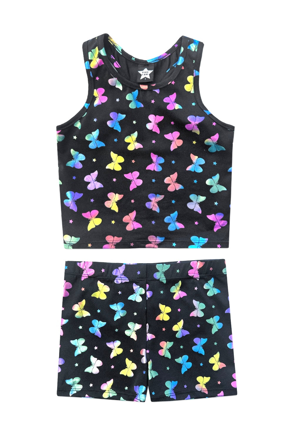 High Shine Cropped Racerback Tank & Tumble Short - Black Sparkle Rainbow Gummy Bear