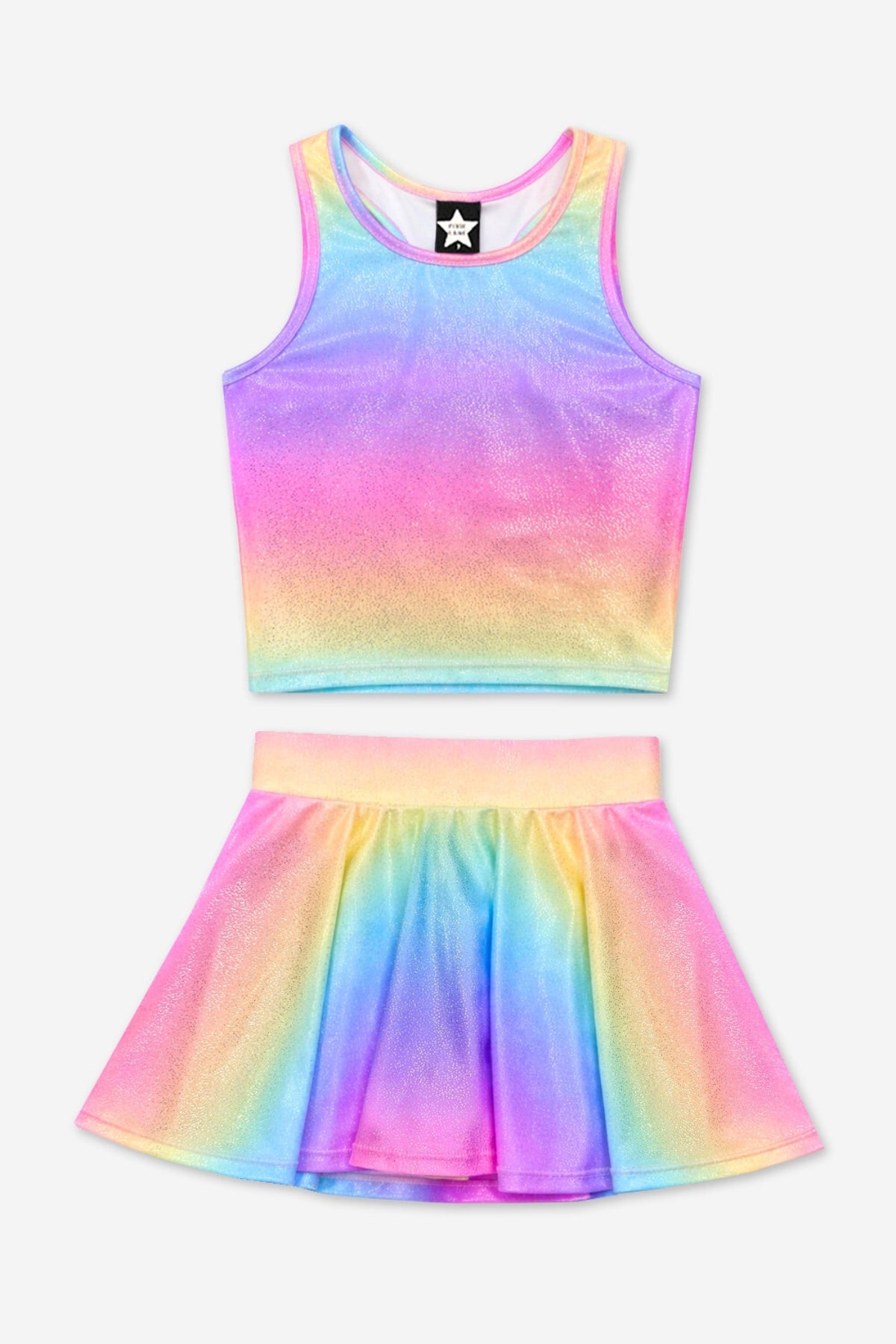 High Shine Cropped Racerback Tank & Skort - Rainbow Gold Unicorn Star