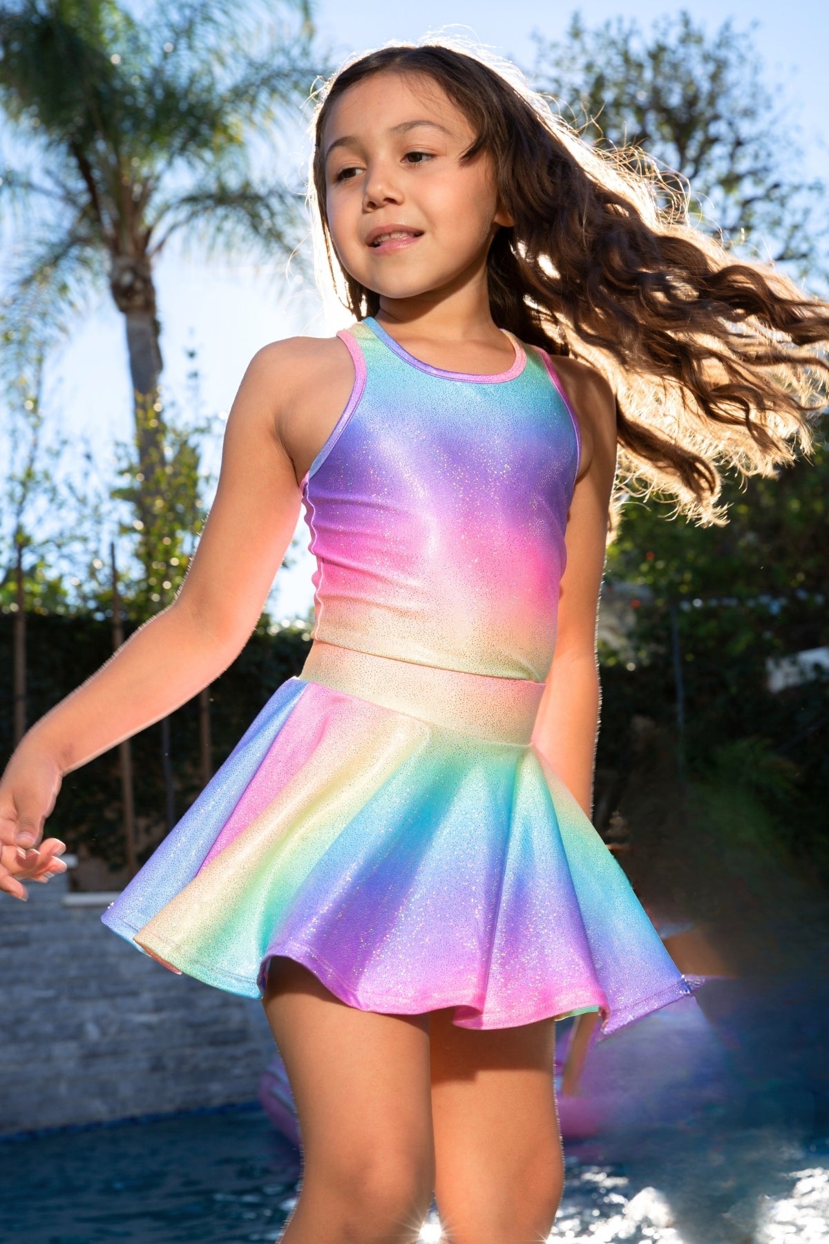 High Shine Cropped Racerback Tank & Skort - Rainbow Gold Unicorn Star