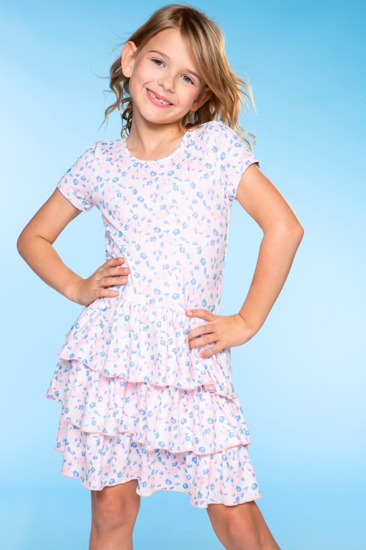 Simply Soft Short Sleeve Triple Ruffle Dress - Pink Floral Tie Dye