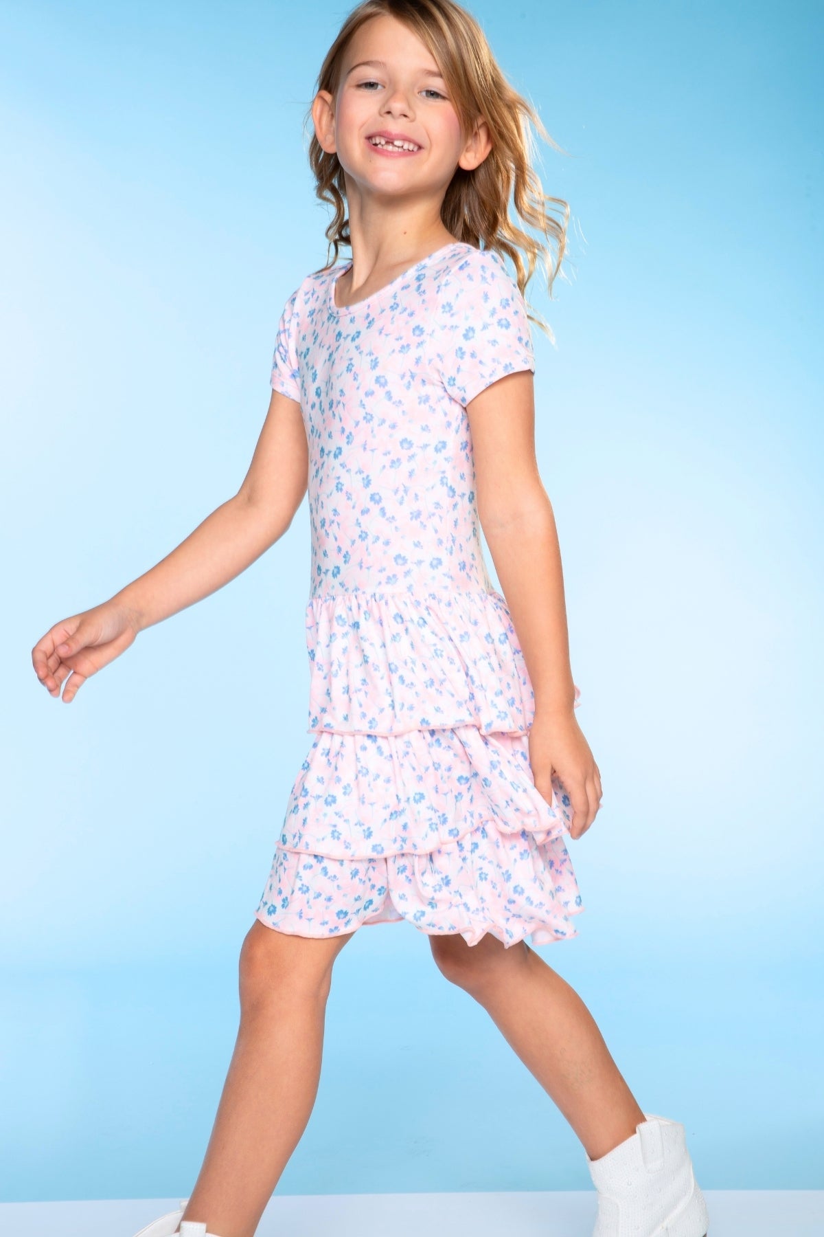 Simply Soft Short Sleeve Triple Ruffle Dress - Pink Floral Tie Dye