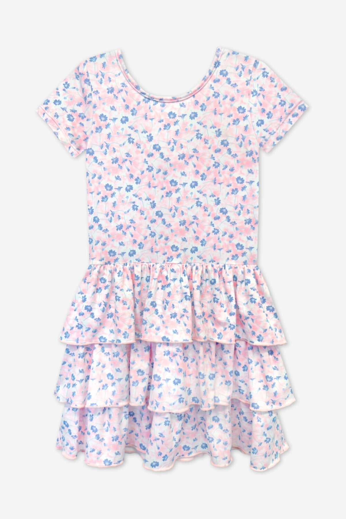 Simply Soft Short Sleeve Triple Ruffle Dress - Lt Blue Neon Pink