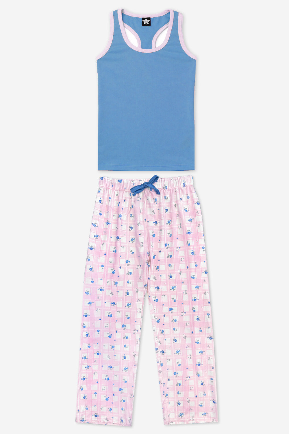Simply Soft Racer Tank & Karate Pant Set - Pink Lt Blue Plaid Floral