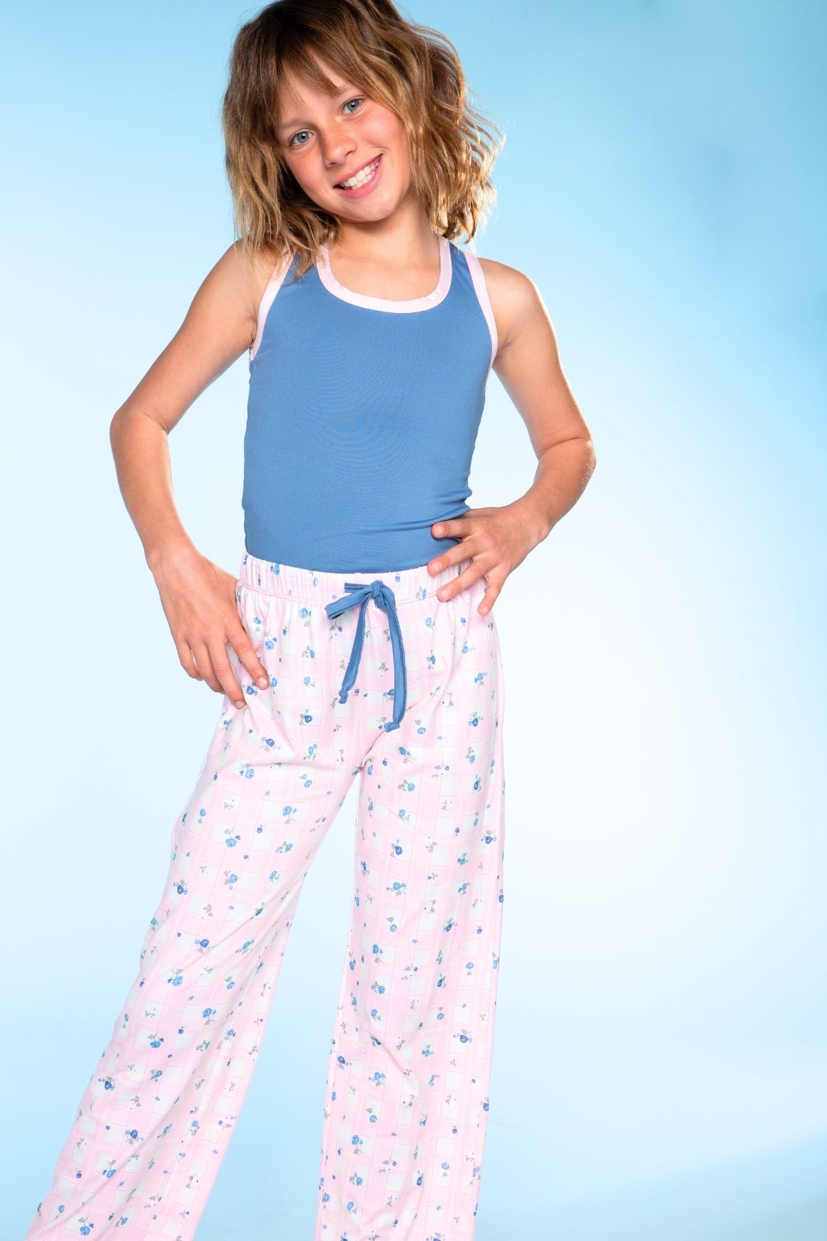 Simply Soft Racer Tank & Karate Pant Set - Pink Lt Blue Plaid Floral