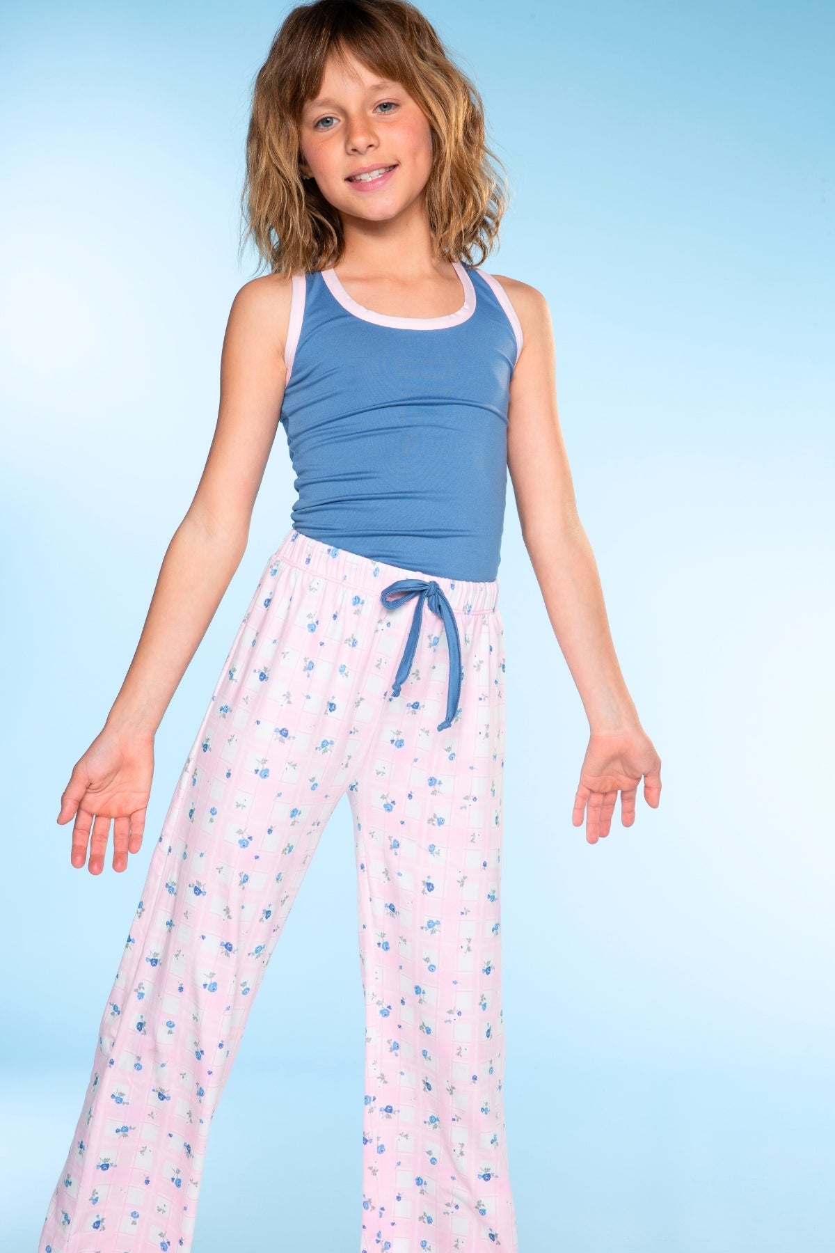 Simply Soft Racer Tank & Karate Pant Set - Pink Lt Blue Plaid Floral