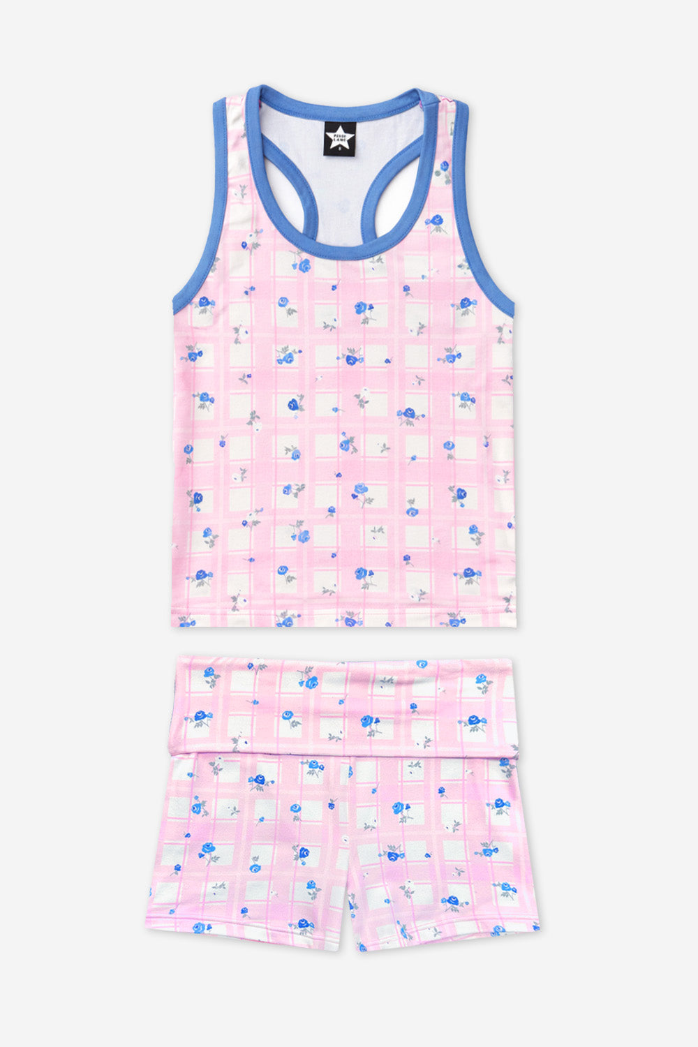 Racerback Tank & Foldover Short Set - Denim Pink Polka Dot