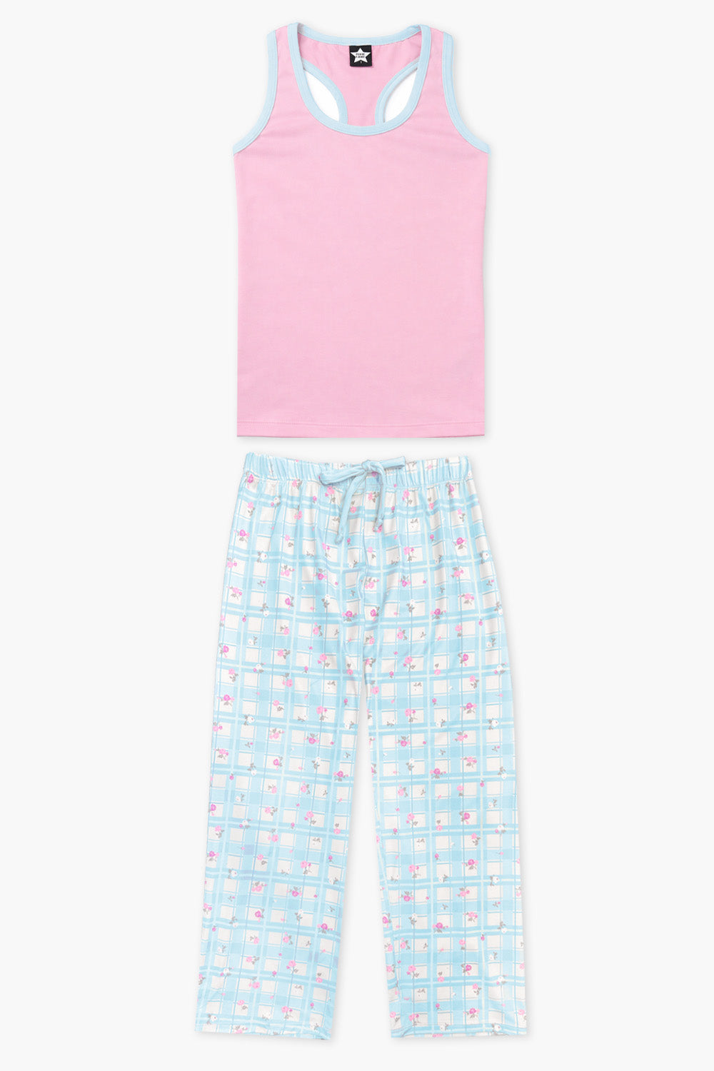 Simply Soft Racer Tank & Karate Pant Set - Pink Lt Blue Plaid Floral