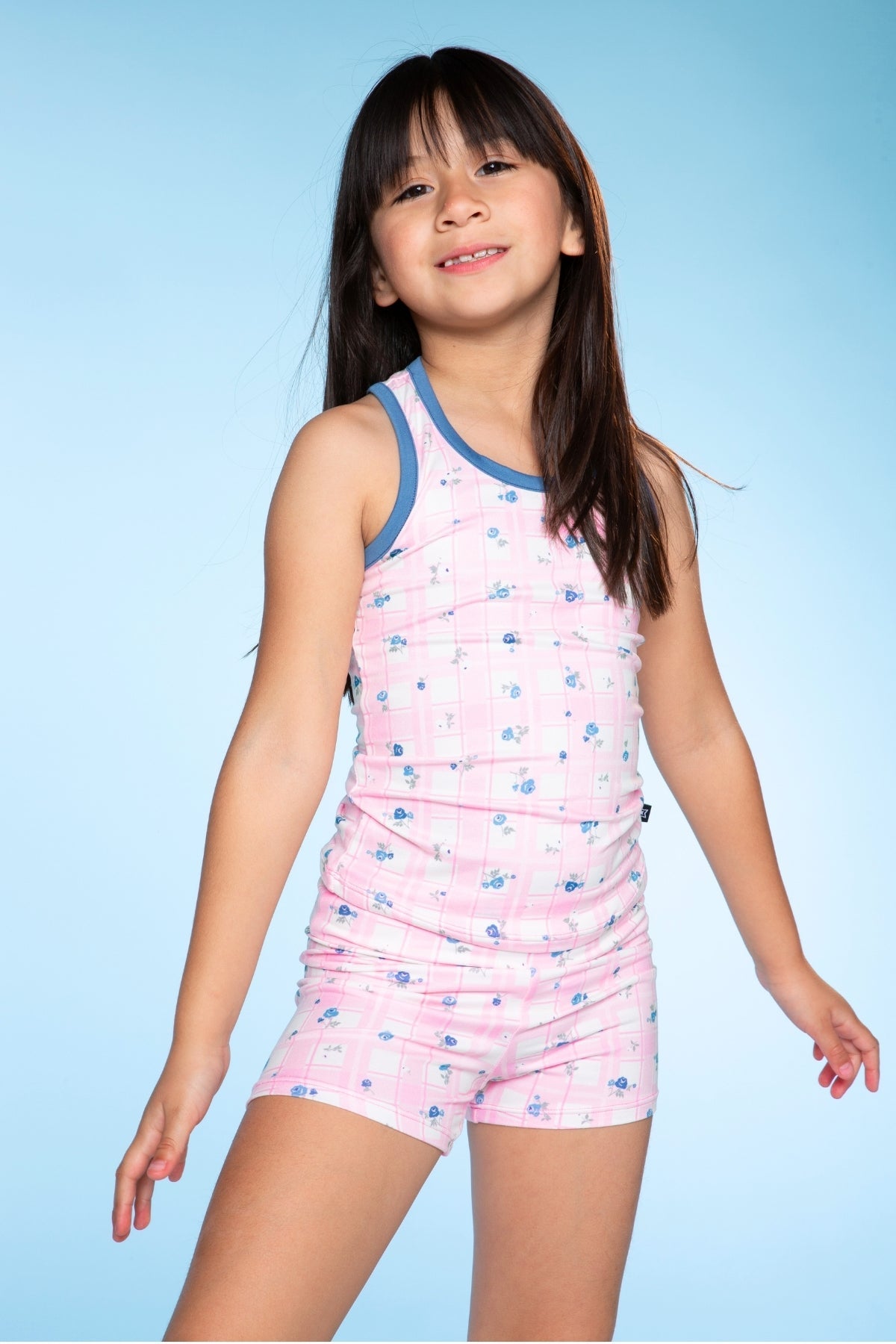 Racerback Tank & Foldover Short Set - Denim Pink Polka Dot
