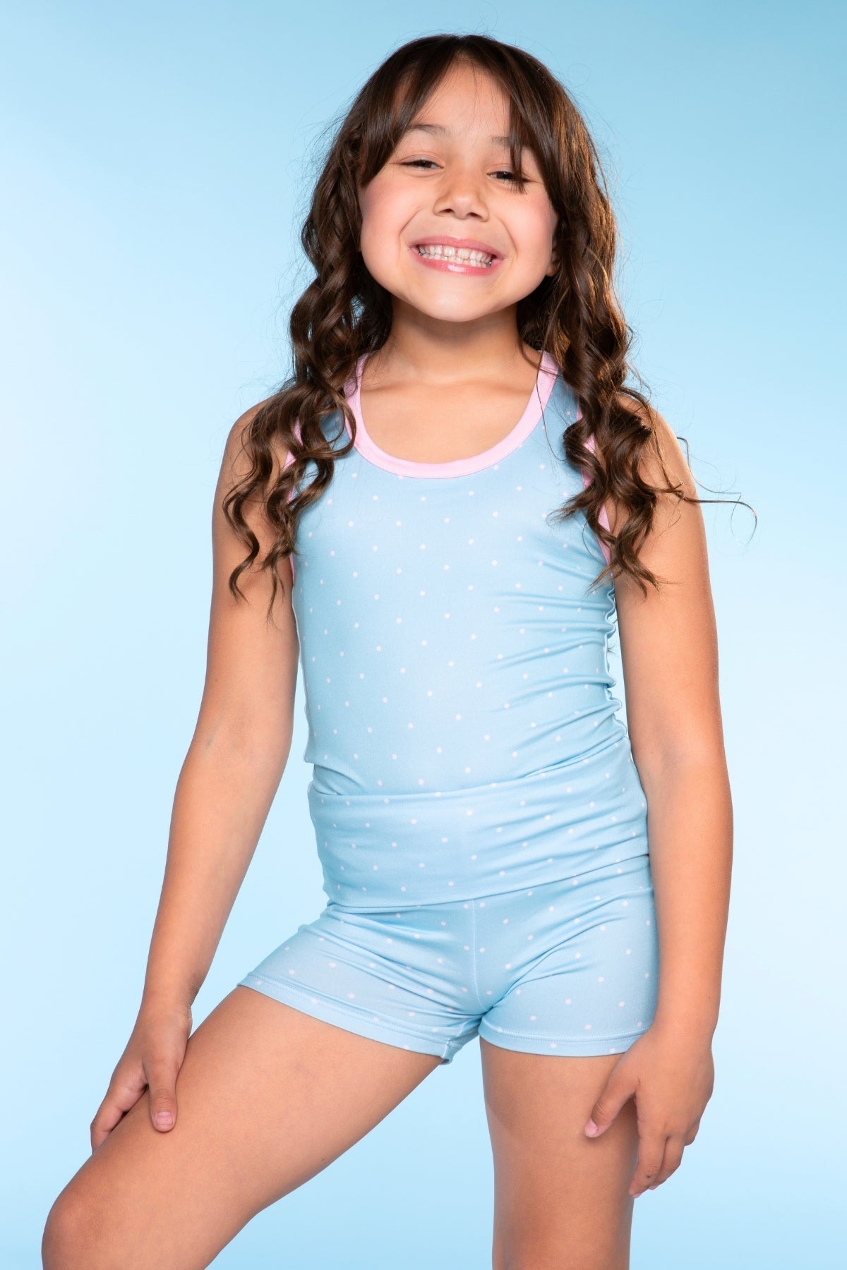 Racerback Tank & Foldover Short Set - Denim Pink Polka Dot