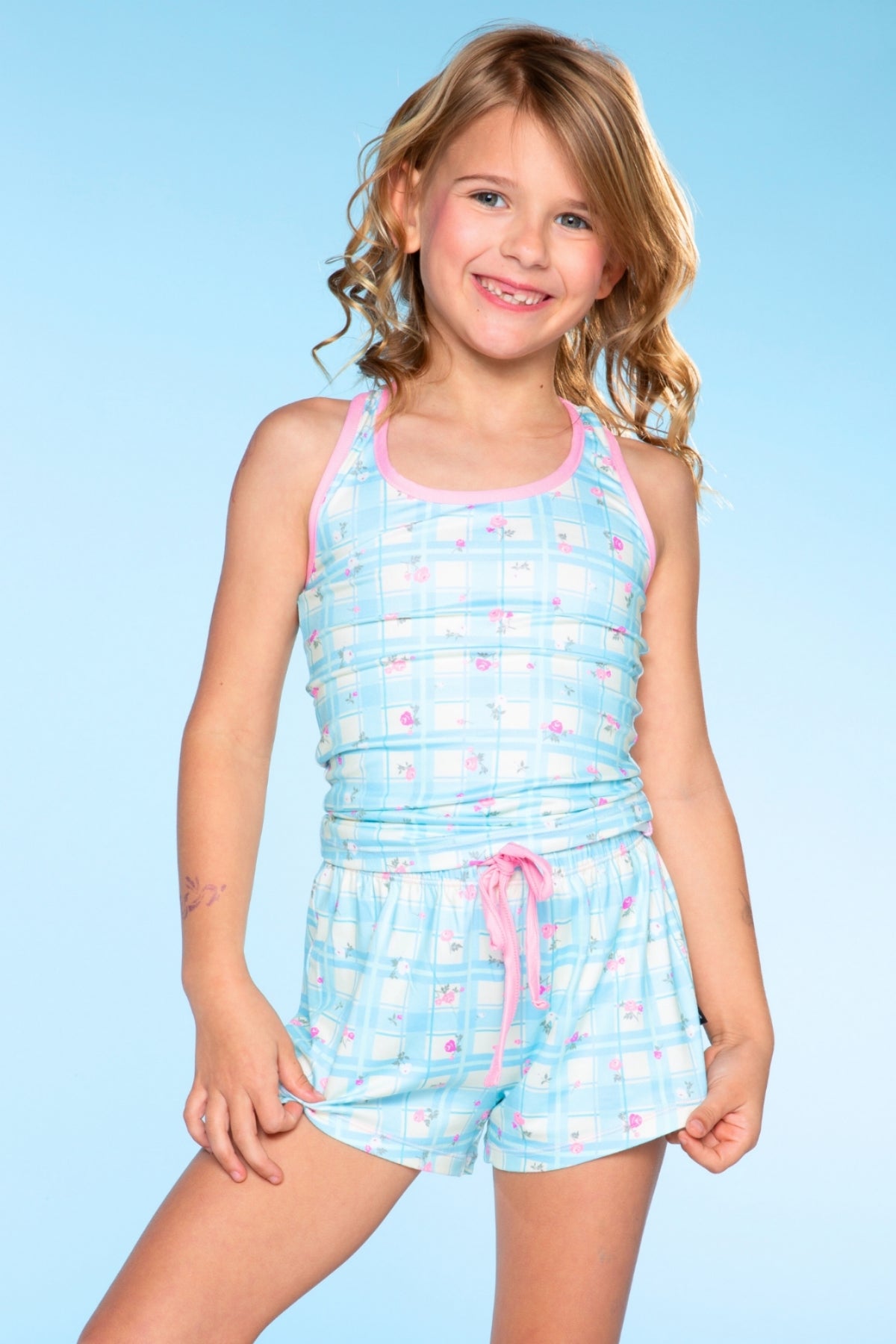Simply Soft Racerback Tank & Dolphin Short - Lt Blue Plaid Floral