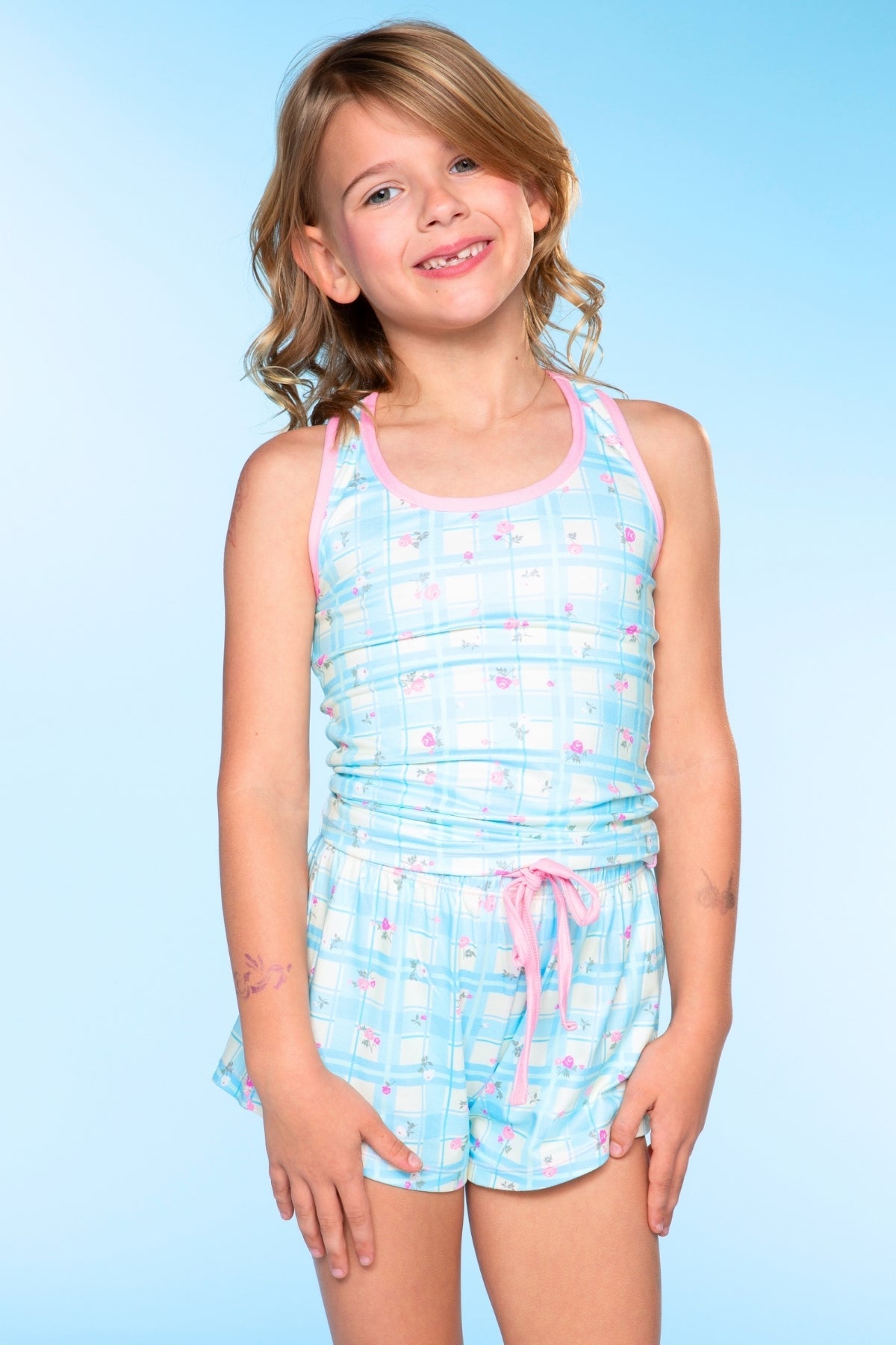 Simply Soft Racerback Tank & Dolphin Short - Lt Blue Plaid Floral