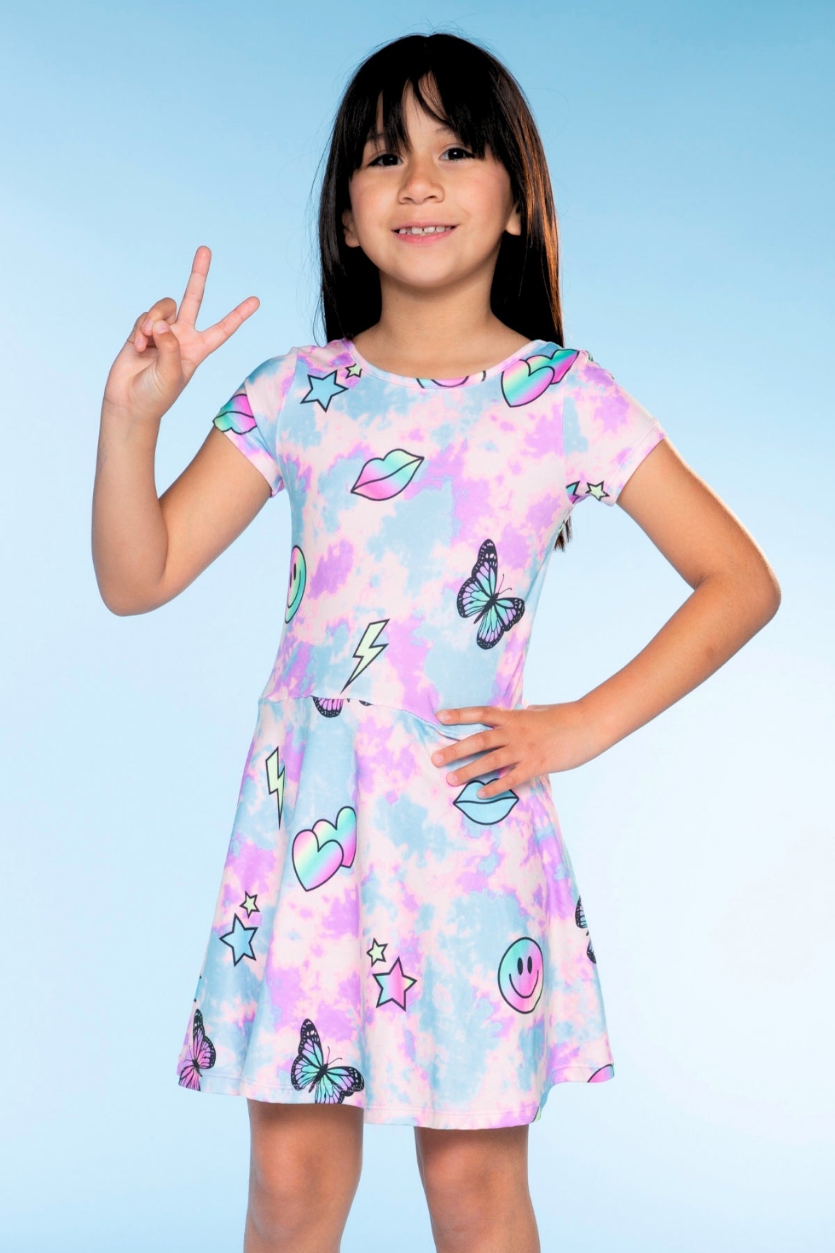 Simply Soft Short Sleeve Skater Dress - Denim Rainbow Graffiti
