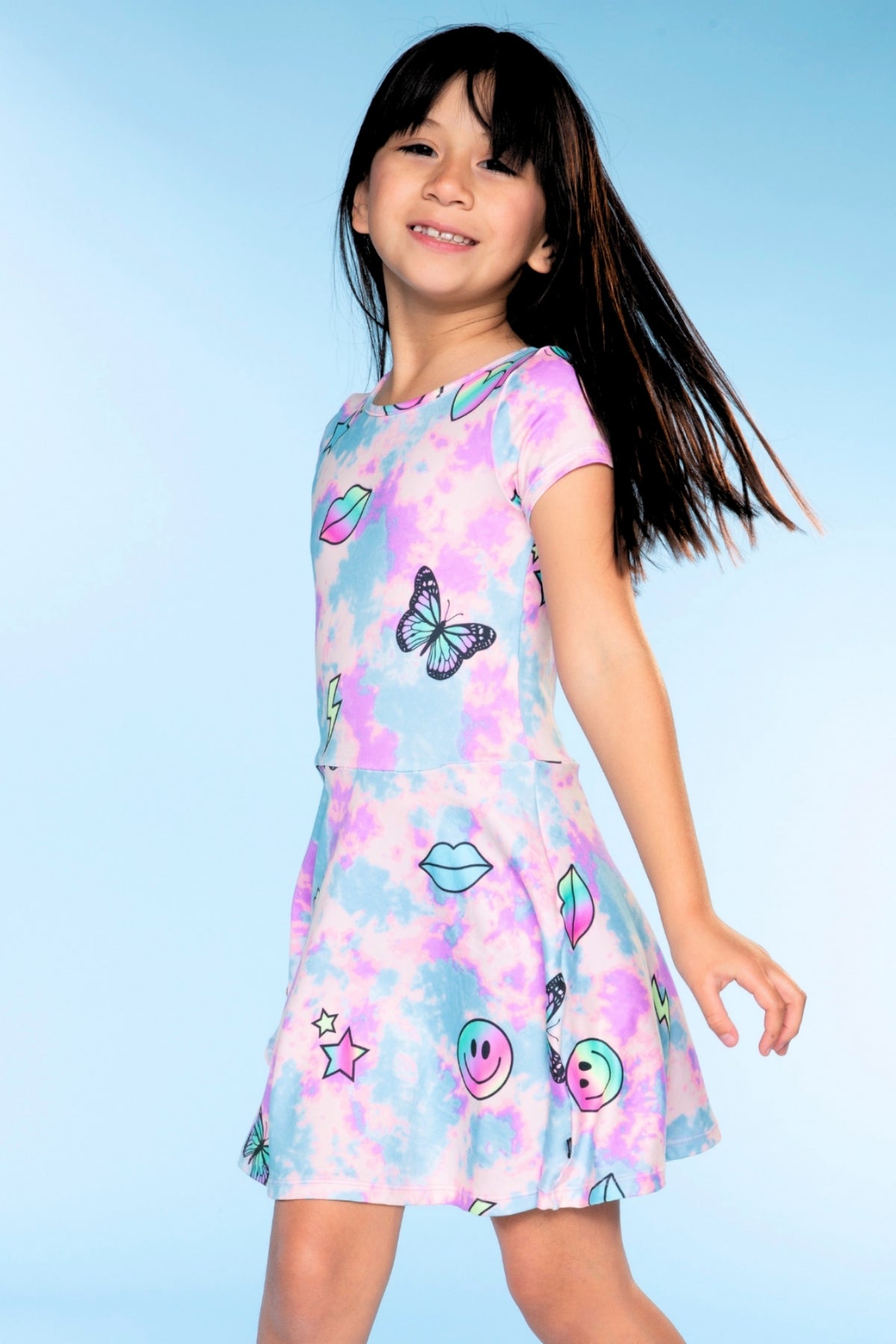 Simply Soft Short Sleeve Skater Dress - Denim Rainbow Graffiti
