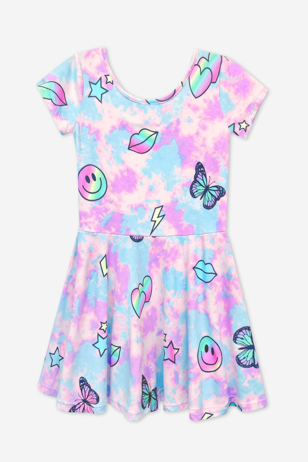Simply Soft Short Sleeve Skater Dress - Denim Rainbow Graffiti