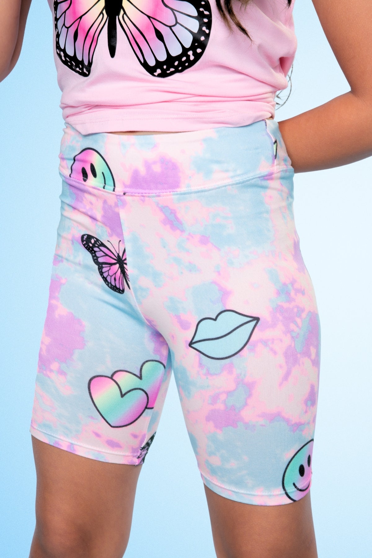 2 Pack Simply Soft Biker Short - Pastel Rainbow Tie Dye Emoji | Rainbow Smile & Stars - NEW!