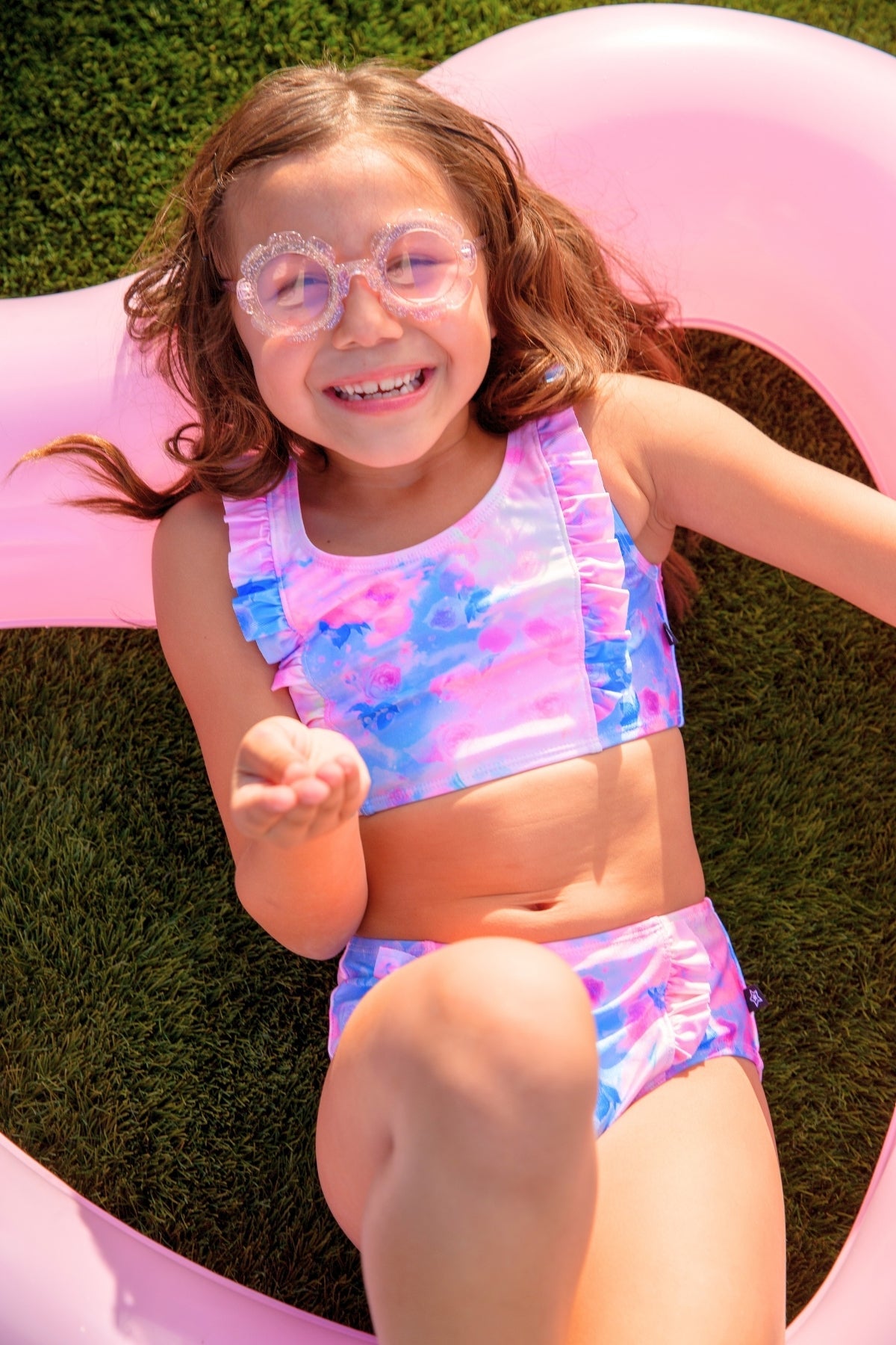 Ruffle Two Piece Swimsuit - Pink Ivory Daisy