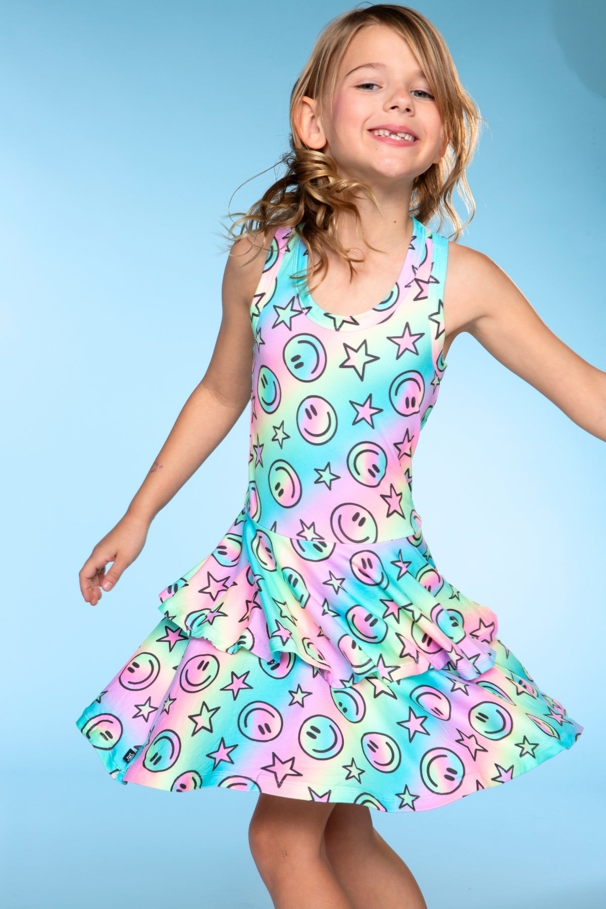 Simply Soft Racerback Ruffle Skirt Dress - Blue White Emojis Stickers