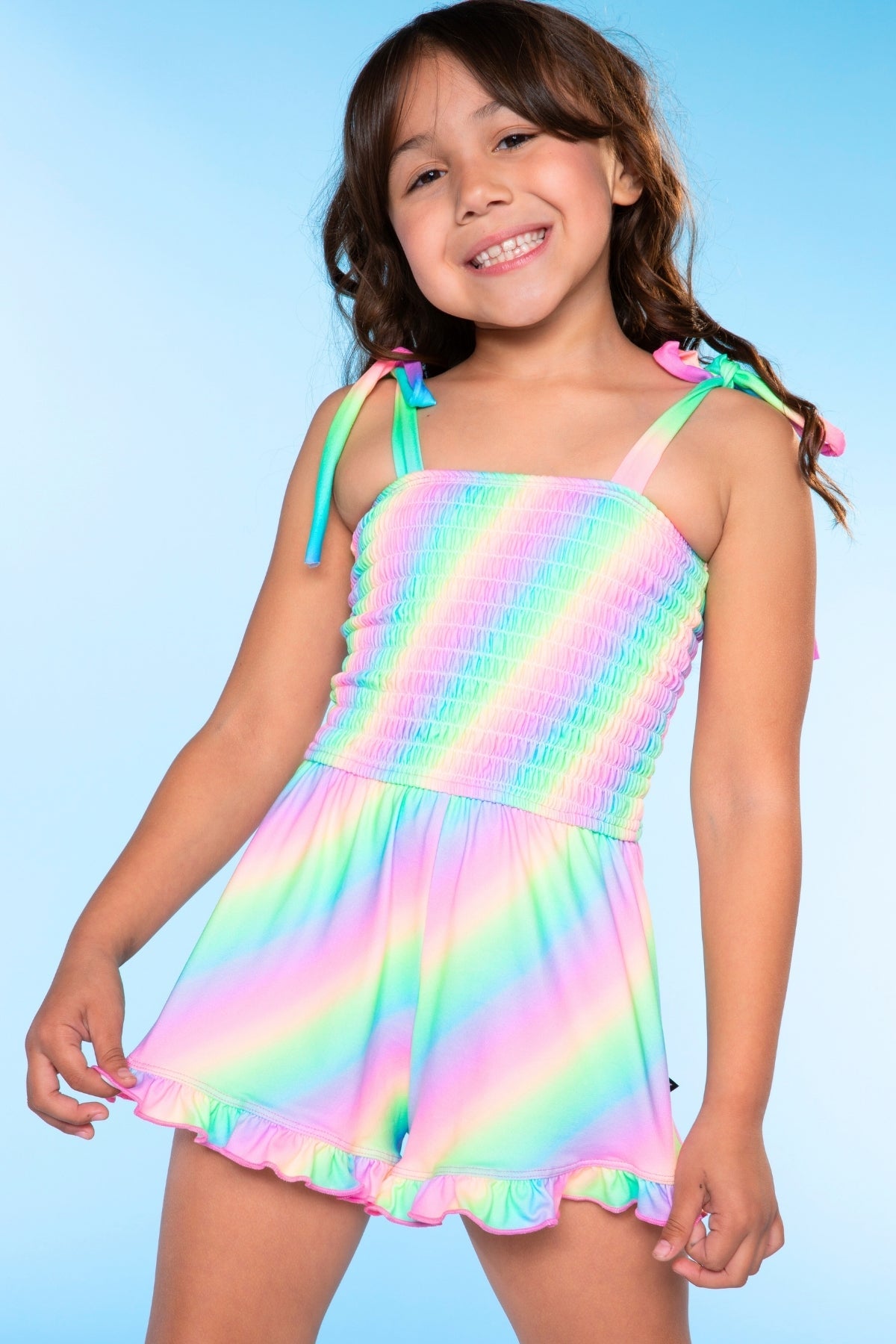 Smocked Ruffle Hem Romper - Pastel Rainbow