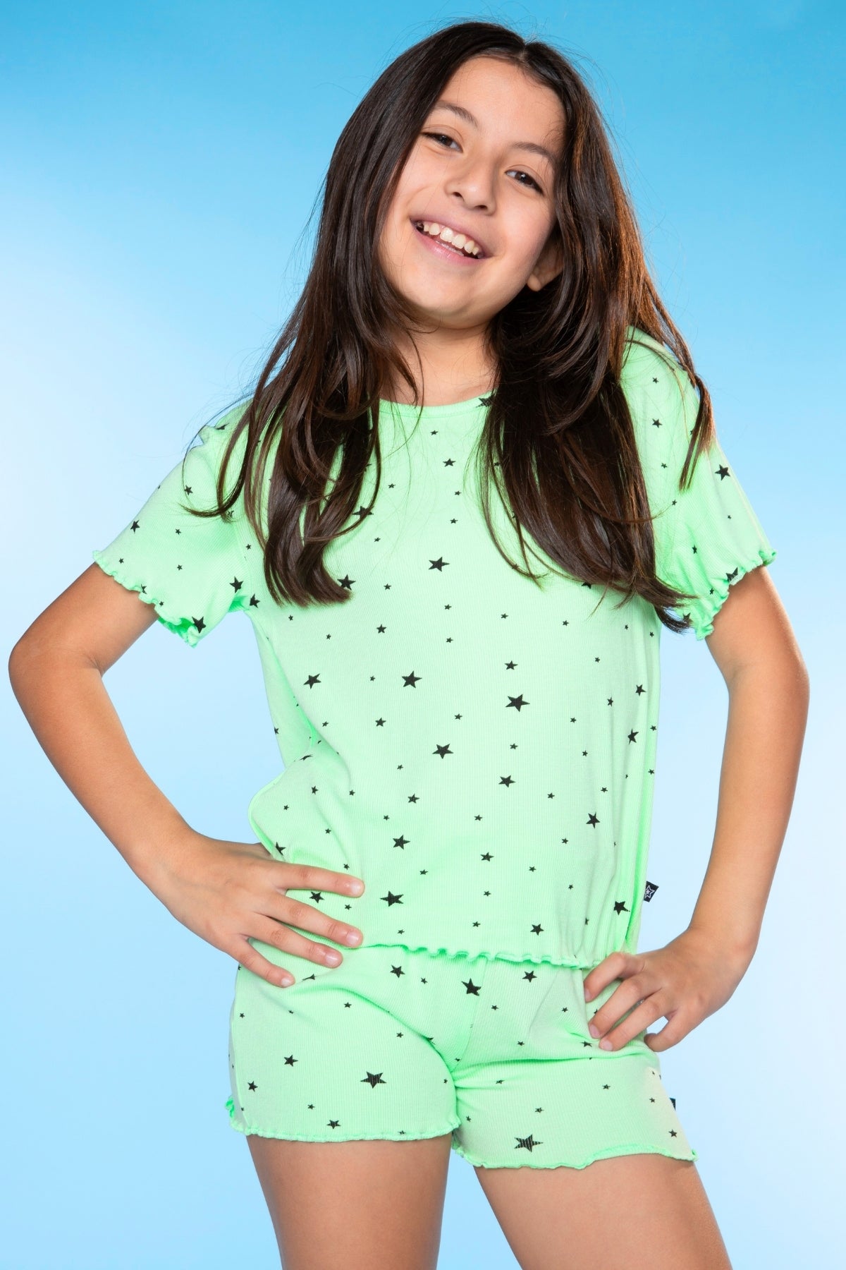 Ultra Soft Ribbed Lettuce Hem Easy Tee & Short Set - Ice Orchid Star