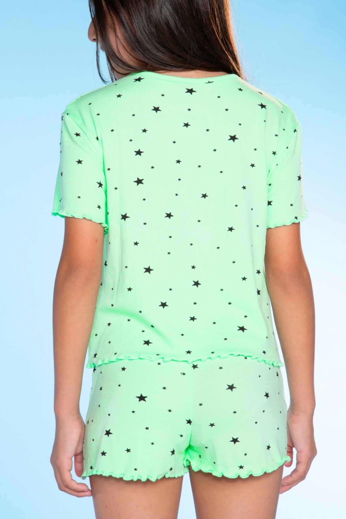 Ultra Soft Ribbed Lettuce Hem Easy Tee & Short Set - Ice Orchid Star