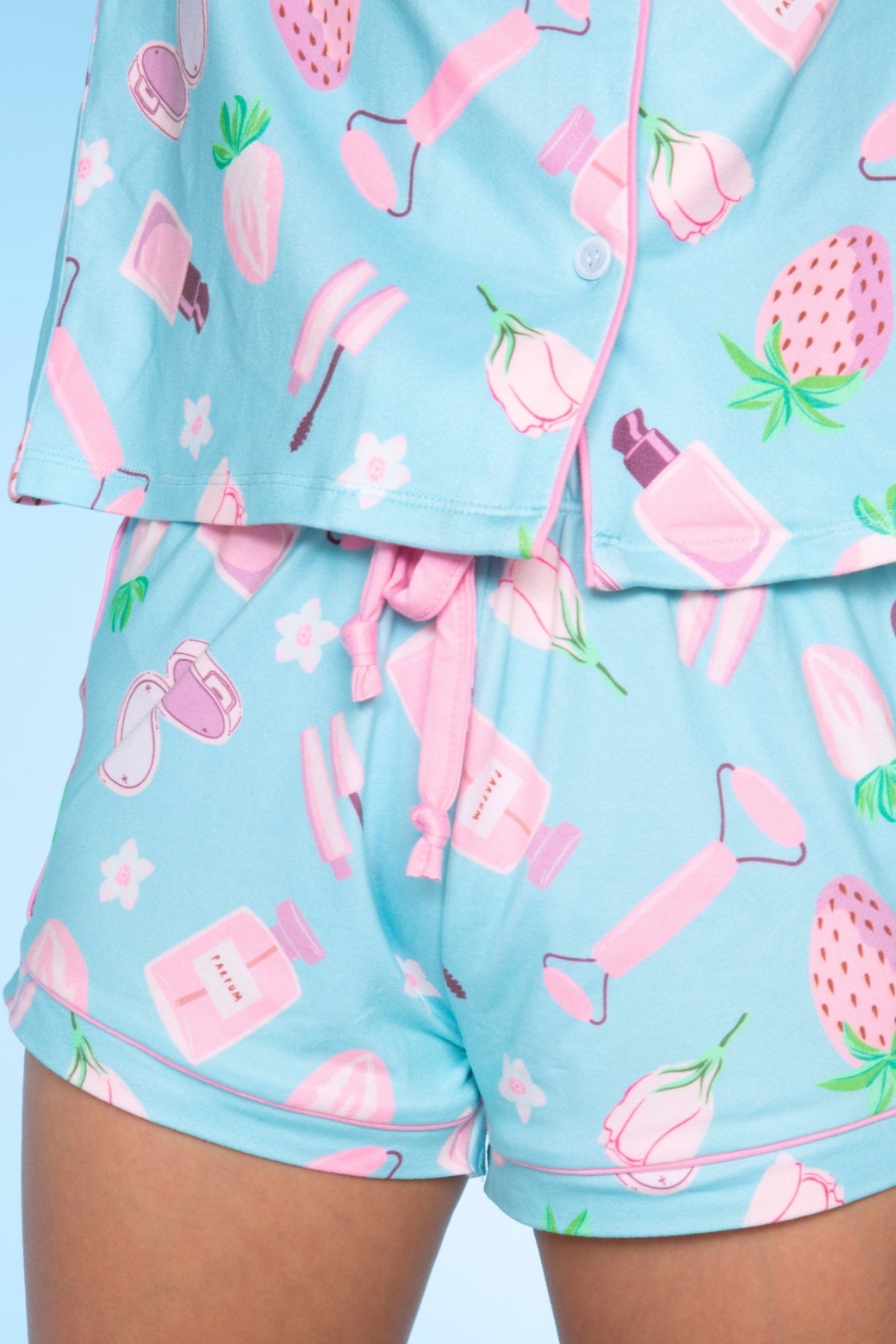 2 Pack - Short Sleeve Simply Soft Button Down Top & Short - Pink Ivory Striped Strawberry | Ivory Pink Stripe Bear Bow