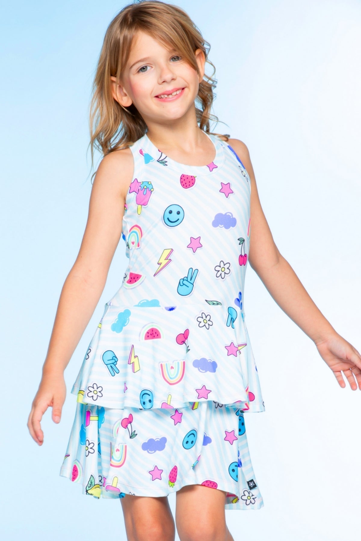 Simply Soft Racerback Ruffle Skirt Dress - Blue White Emojis Stickers
