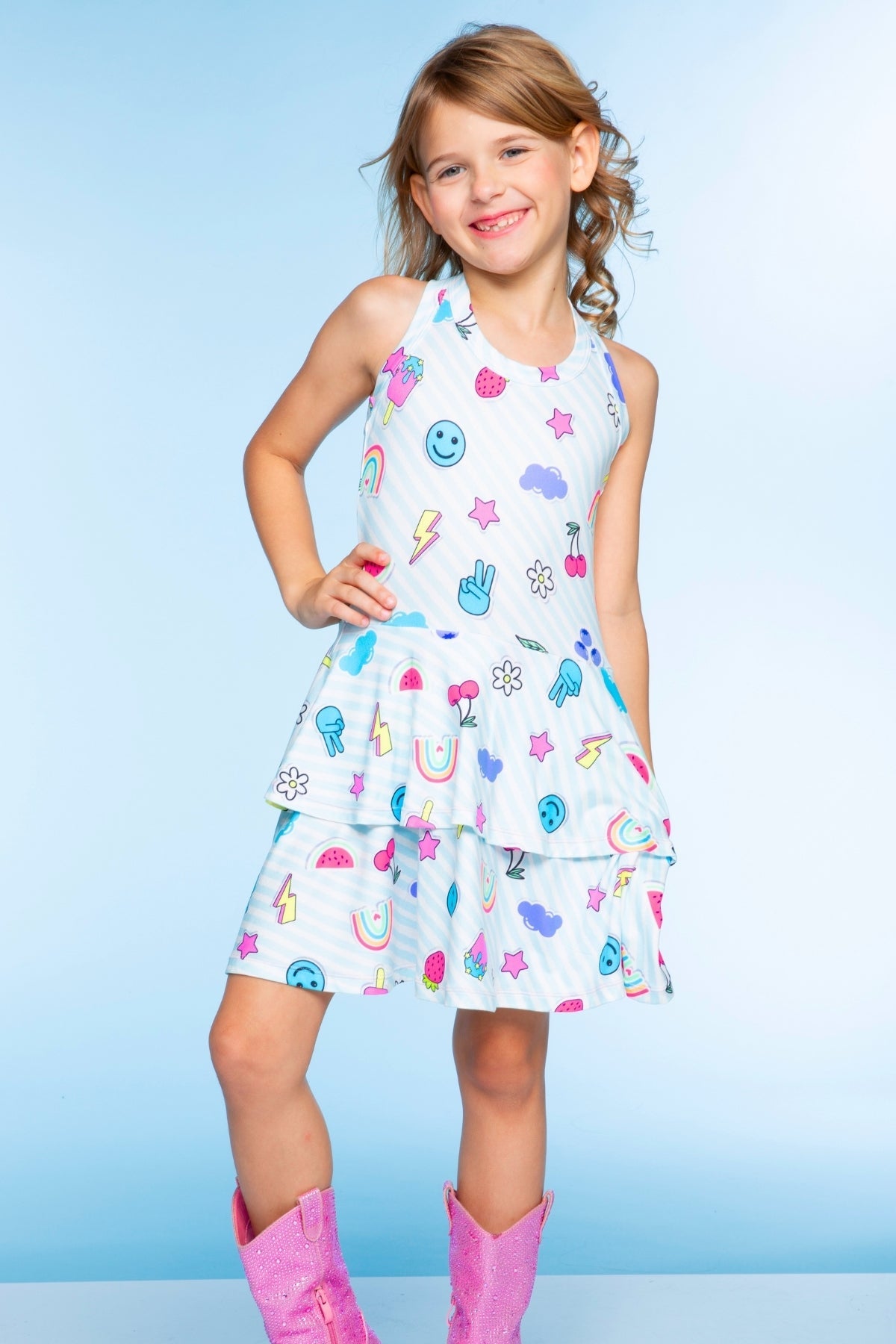Simply Soft Racerback Ruffle Skirt Dress - Blue White Emojis Stickers