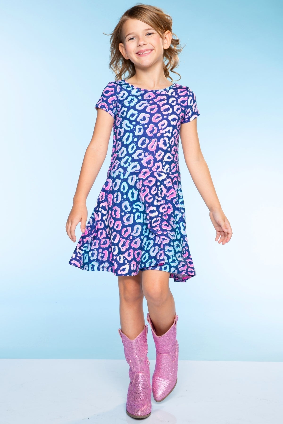 Simply Soft Short Sleeve Skater Dress - Denim Rainbow Graffiti