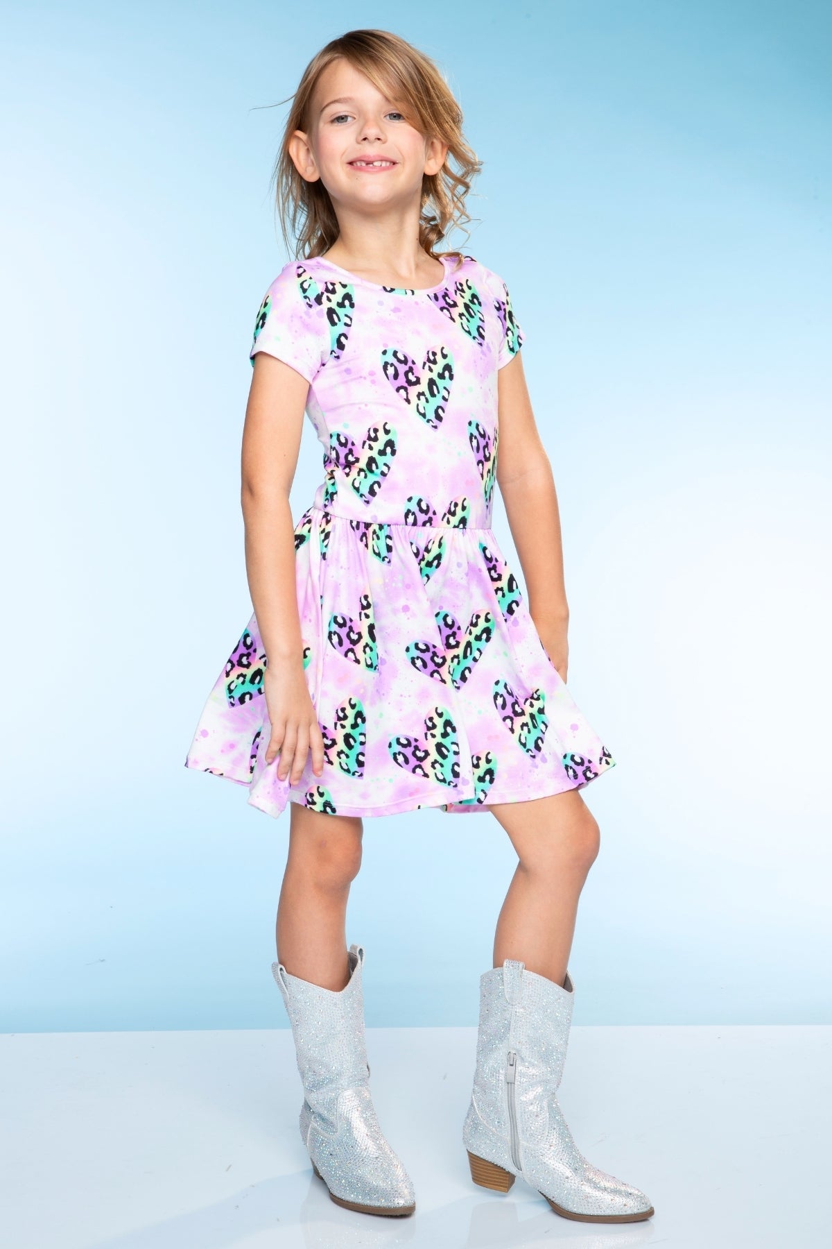 Simply Soft Short Sleeve Scoop Back Be Happy Dress - Lt Pink Rainbow Leopard Heart