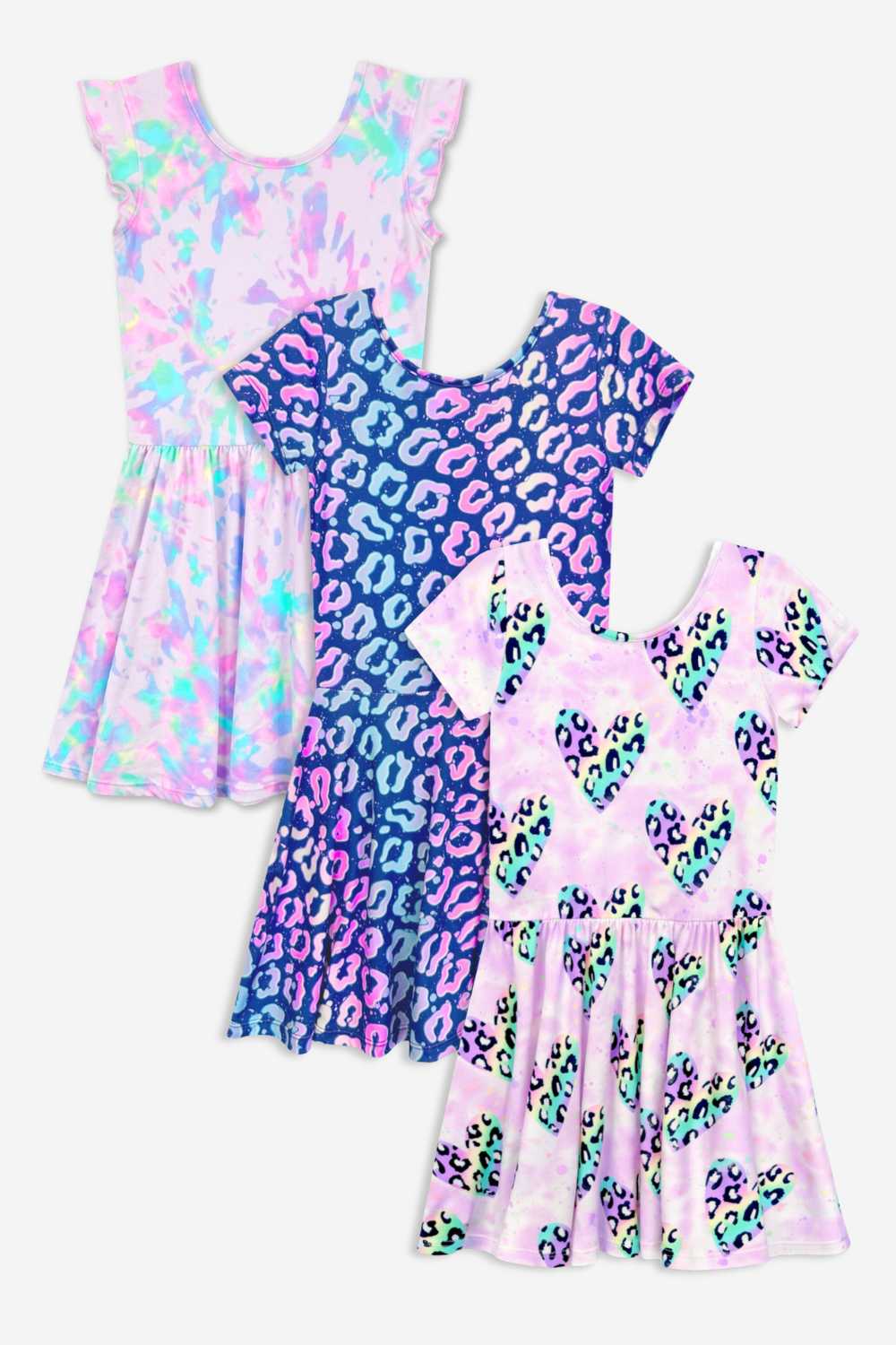 3-Pack Simply Soft Short Sleeve Dress - Lt Blue Neon Pink | Denim Leopard Splatter | Pink Strawberry Daisy