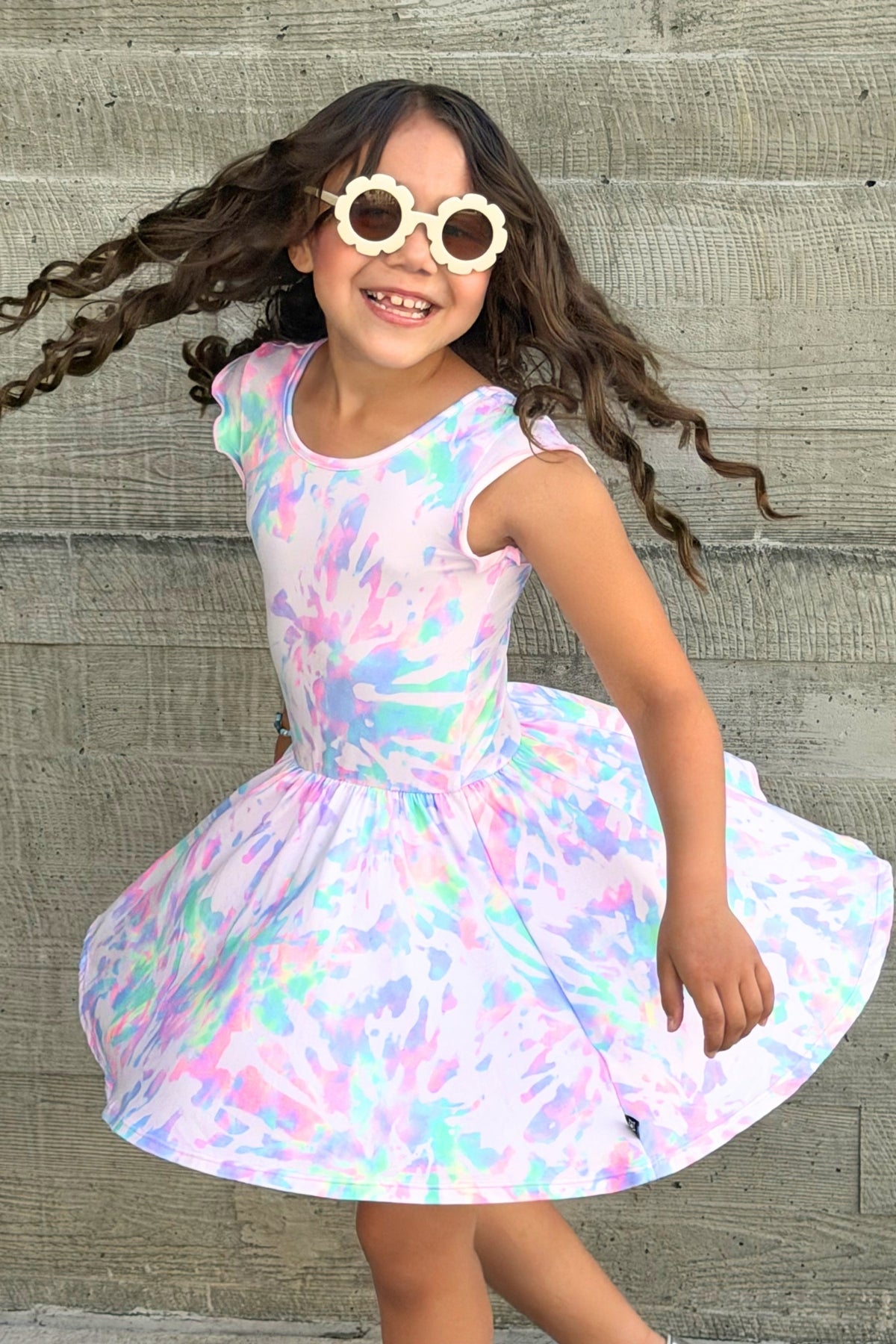 Simply Soft Flutter Sleeve Be Happy Dress - Lt Pink Rainbow Hibiscus