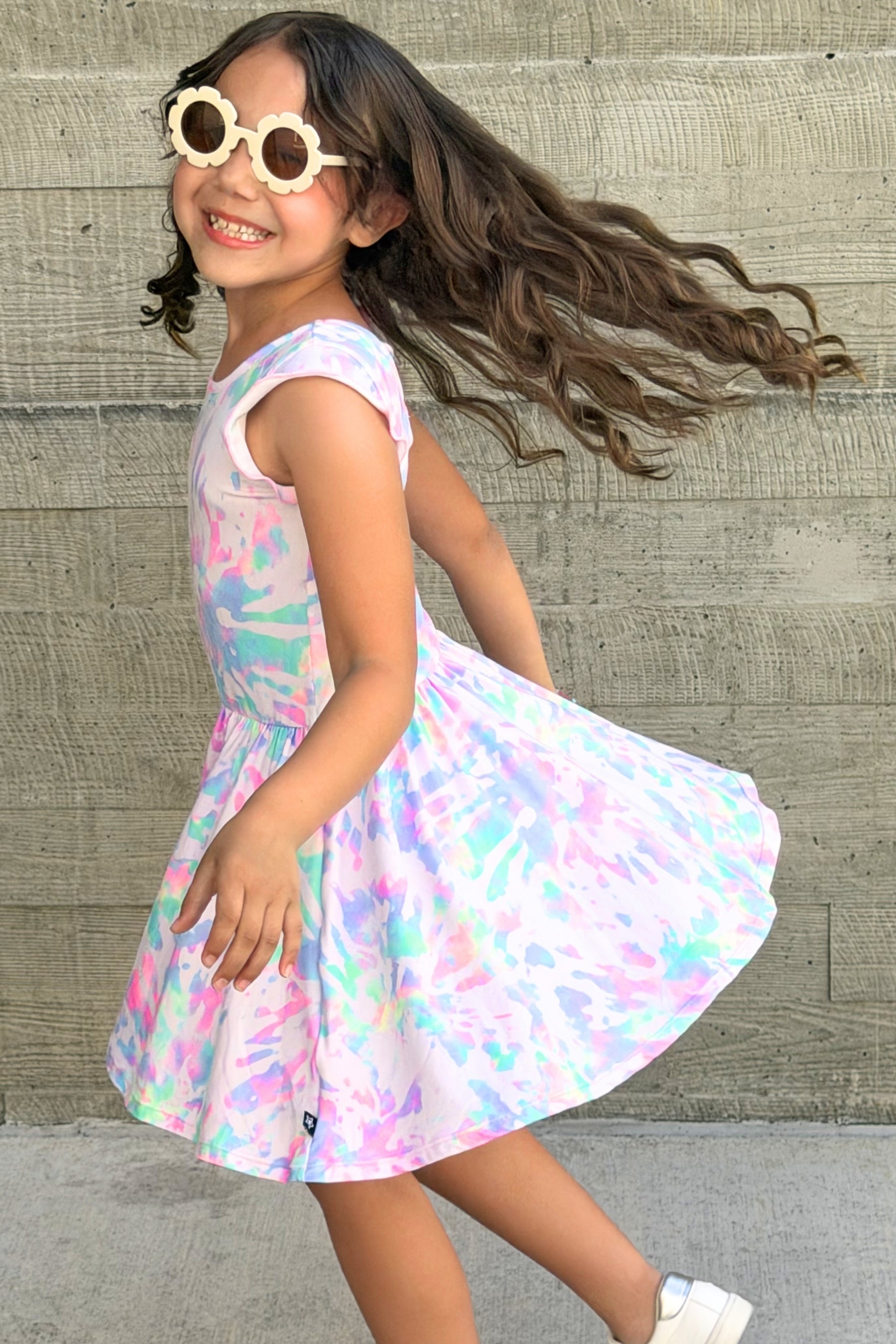 Simply Soft Flutter Sleeve Be Happy Dress - Rainbow Pastel Tie Dye