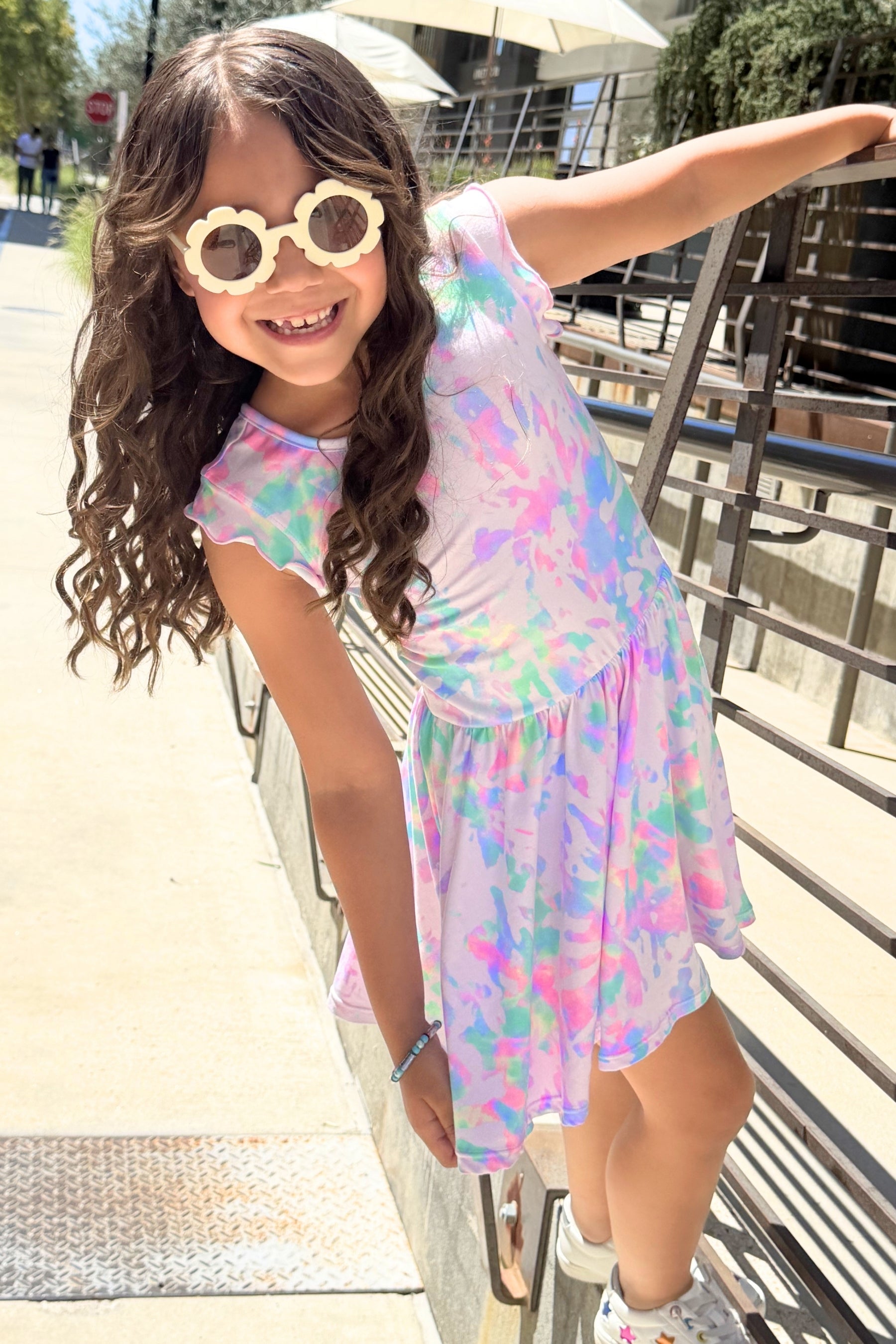 Simply Soft Flutter Sleeve Be Happy Dress - Rainbow Pastel Tie Dye