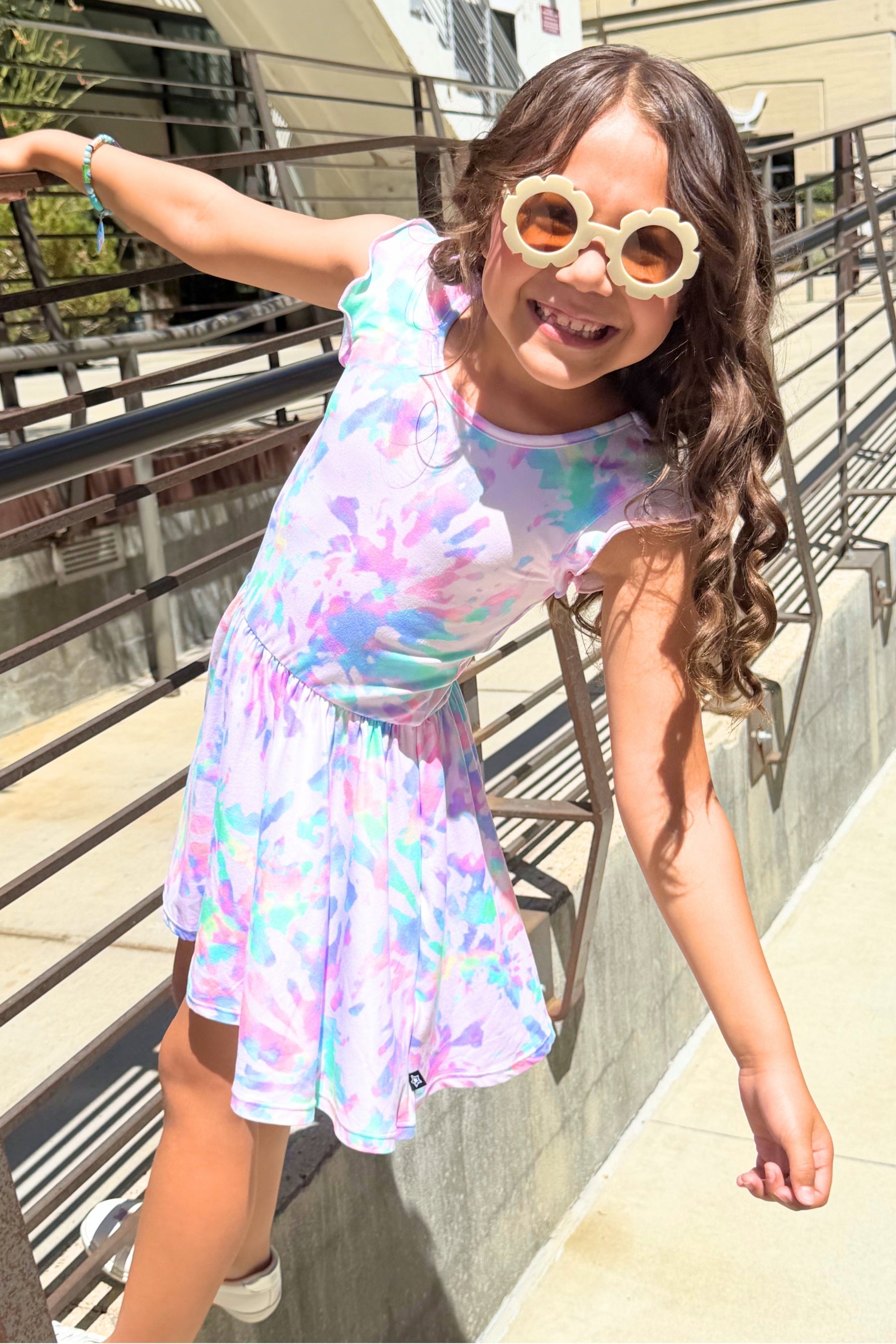 Simply Soft Flutter Sleeve Be Happy Dress - Rainbow Pastel Tie Dye