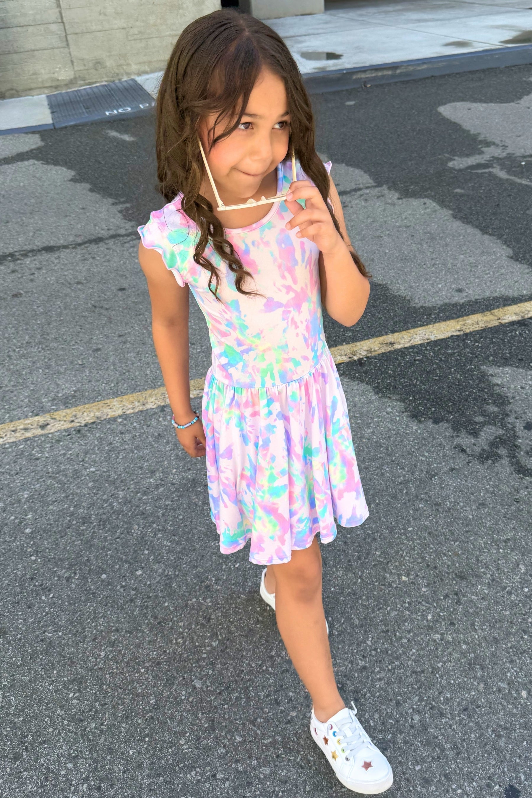 Simply Soft Flutter Sleeve Be Happy Dress - Rainbow Pastel Tie Dye
