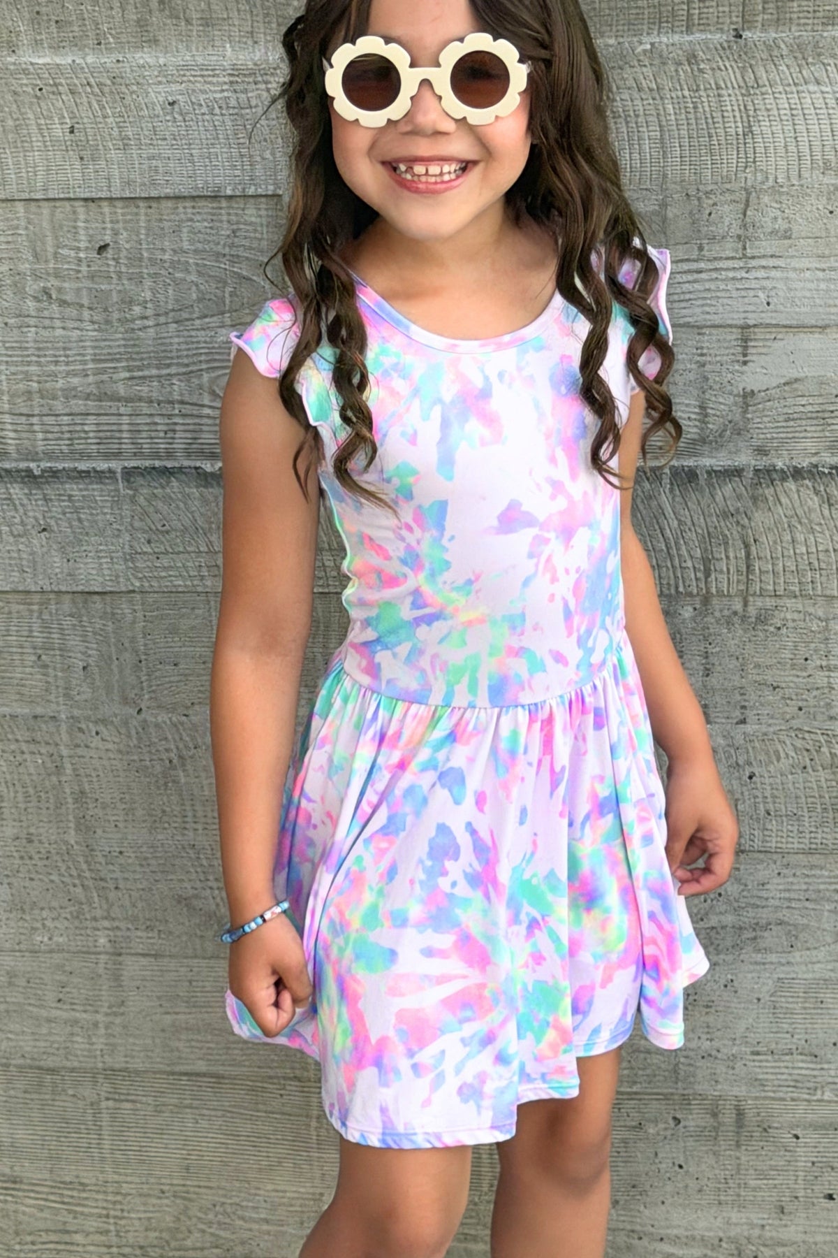 Simply Soft Flutter Sleeve Be Happy Dress - Lt Pink Rainbow Hibiscus