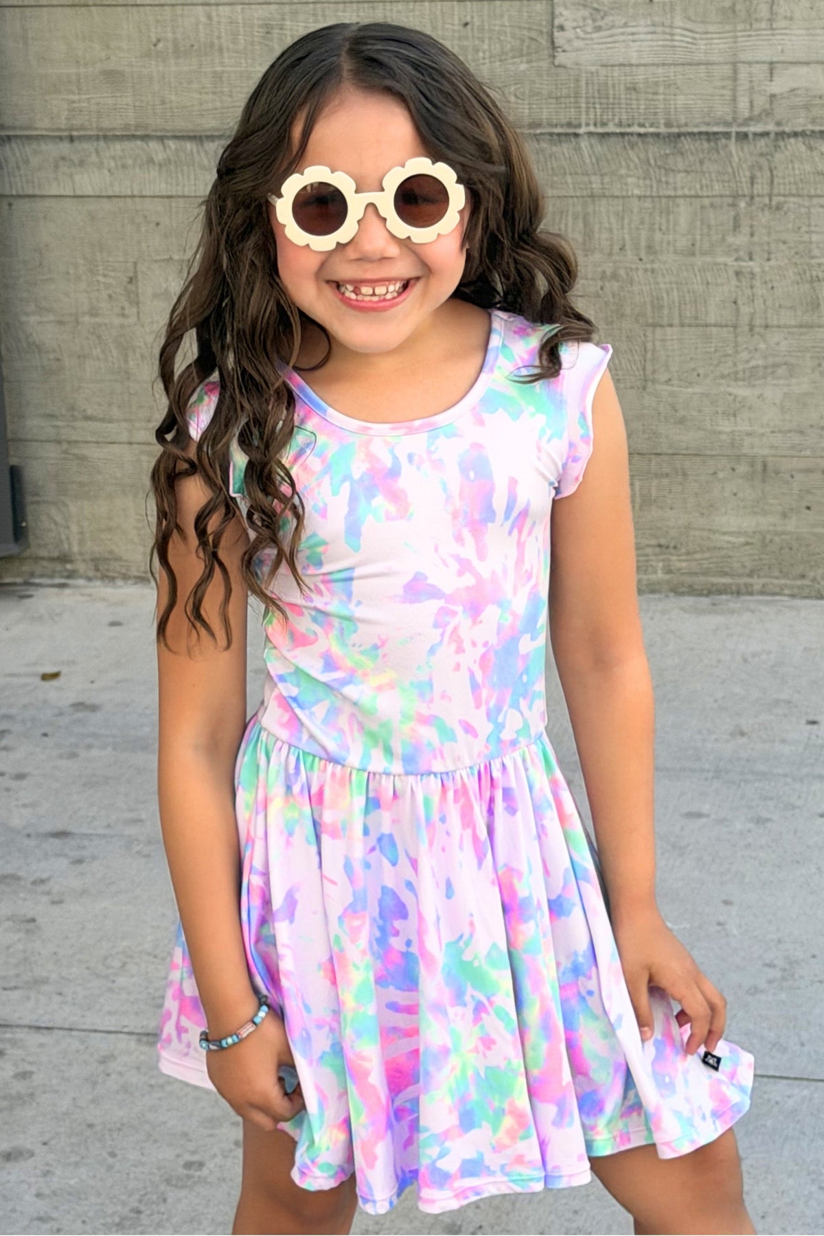 Simply Soft Flutter Sleeve Be Happy Dress - Lt Pink Rainbow Hibiscus