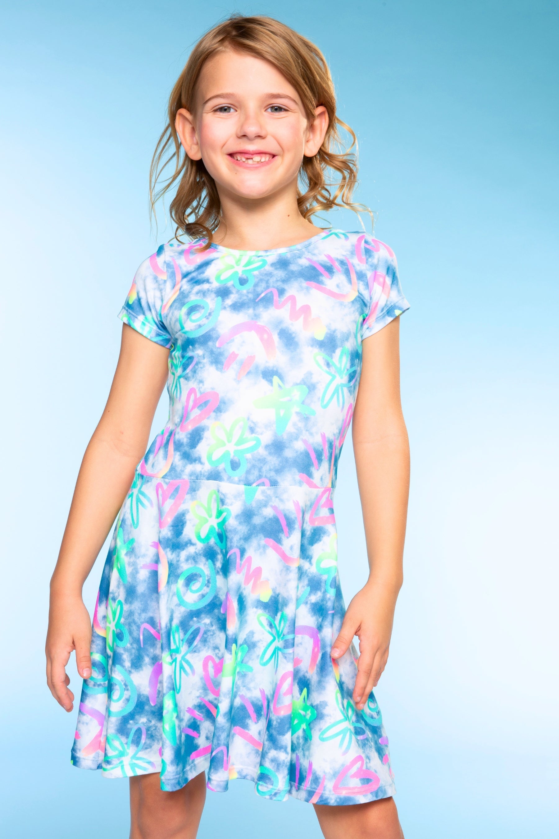 Simply Soft Short Sleeve Skater Dress - Denim Rainbow Graffiti