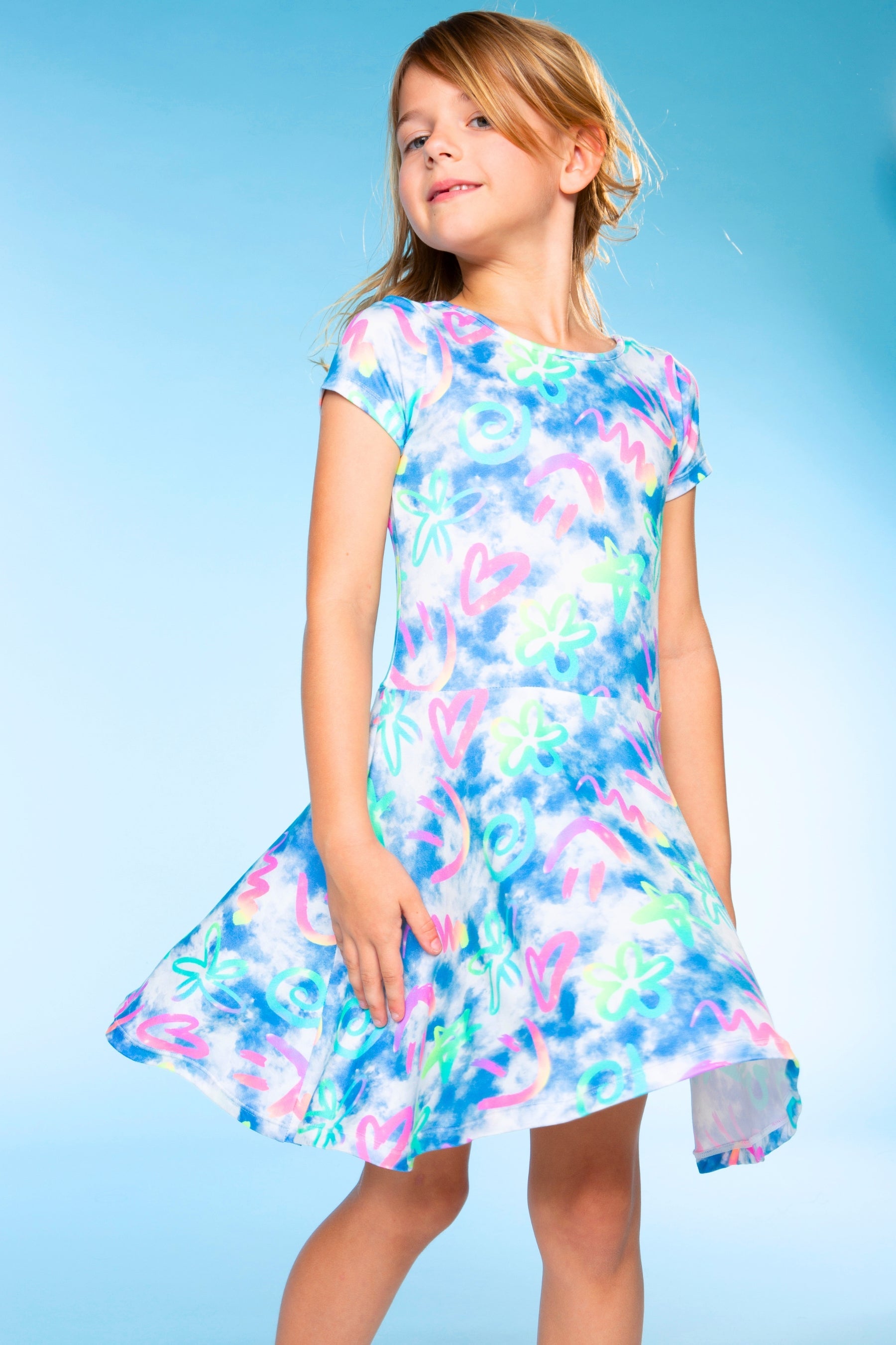 Simply Soft Short Sleeve Skater Dress - Denim Rainbow Graffiti