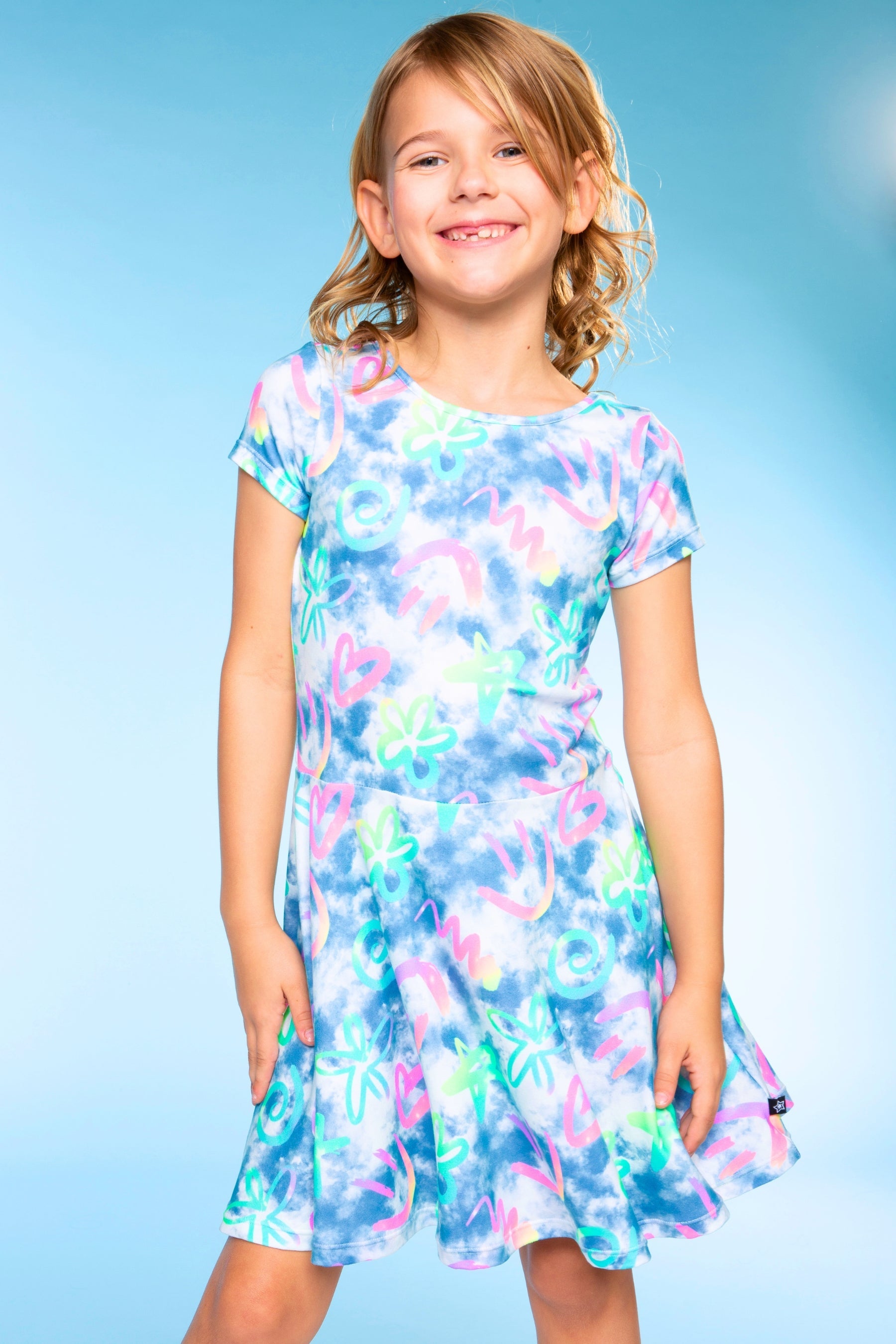 Simply Soft Short Sleeve Skater Dress - Denim Rainbow Graffiti