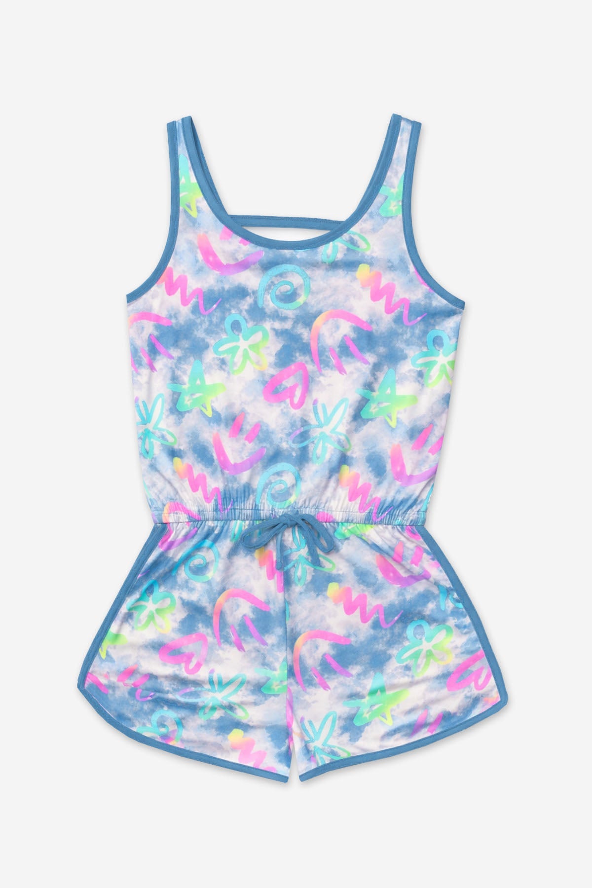 Simply Soft Tank Romper - Denim Rainbow Graffiti