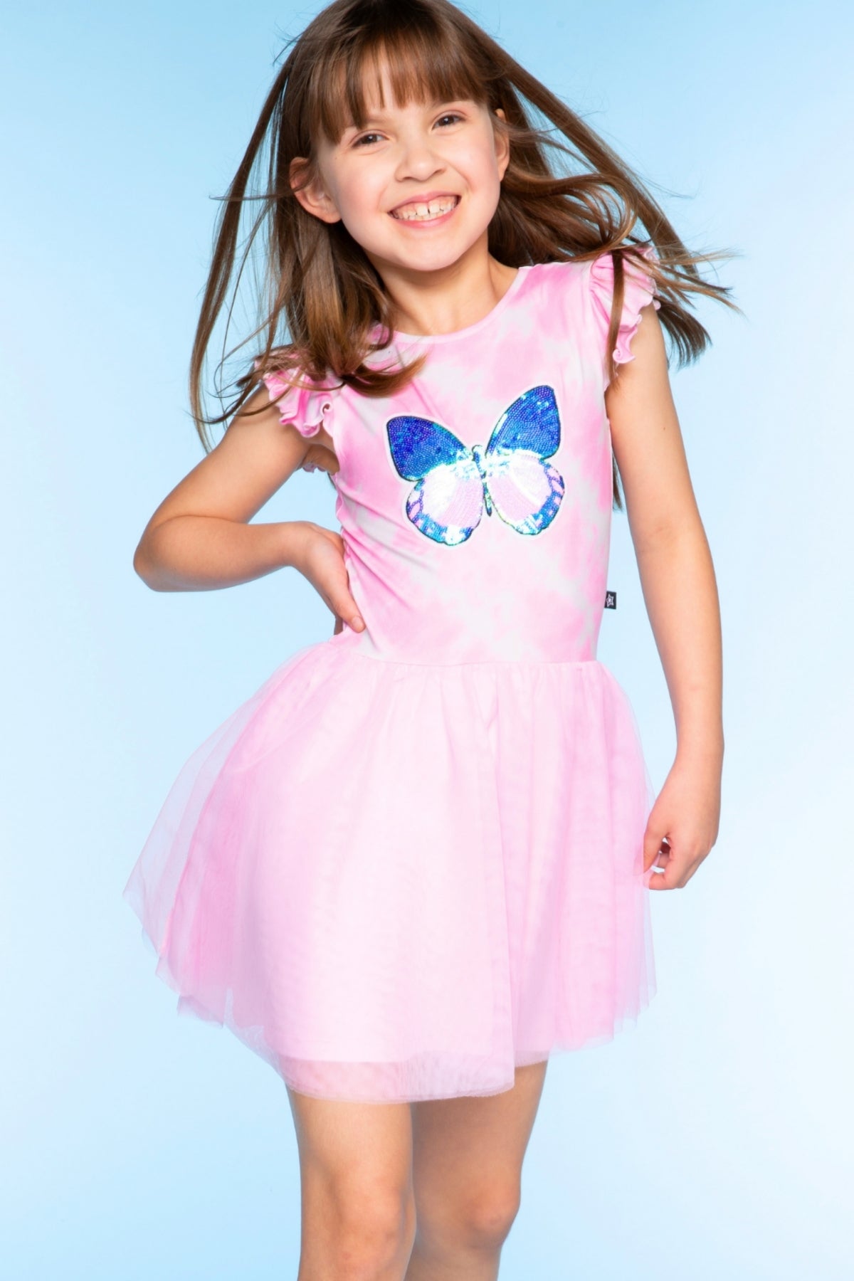 Simply Soft Flutter Sleeve Be Happy Dress - Lt Pink Rainbow Hibiscus