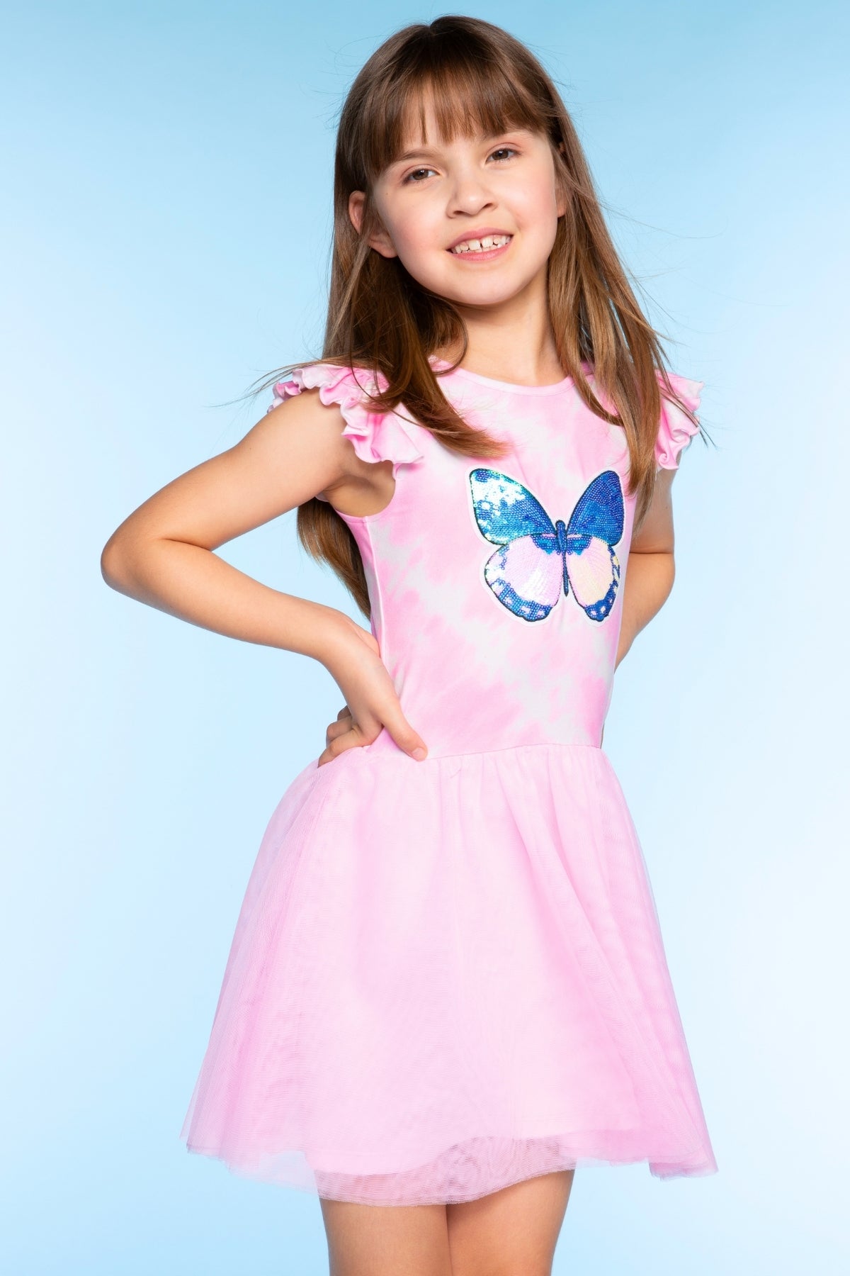 Simply Soft Flutter Sleeve Be Happy Dress - Rainbow Pastel Tie Dye