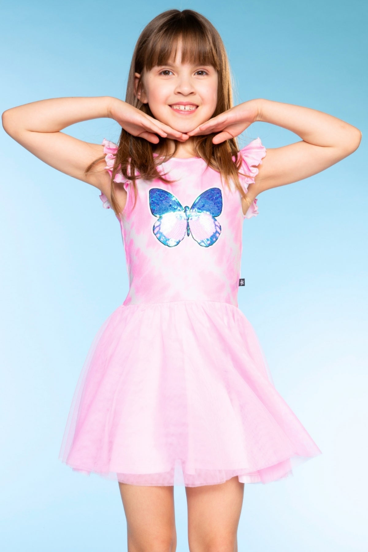 Simply Soft Flutter Sleeve Be Happy Dress - Lt Pink Rainbow Hibiscus
